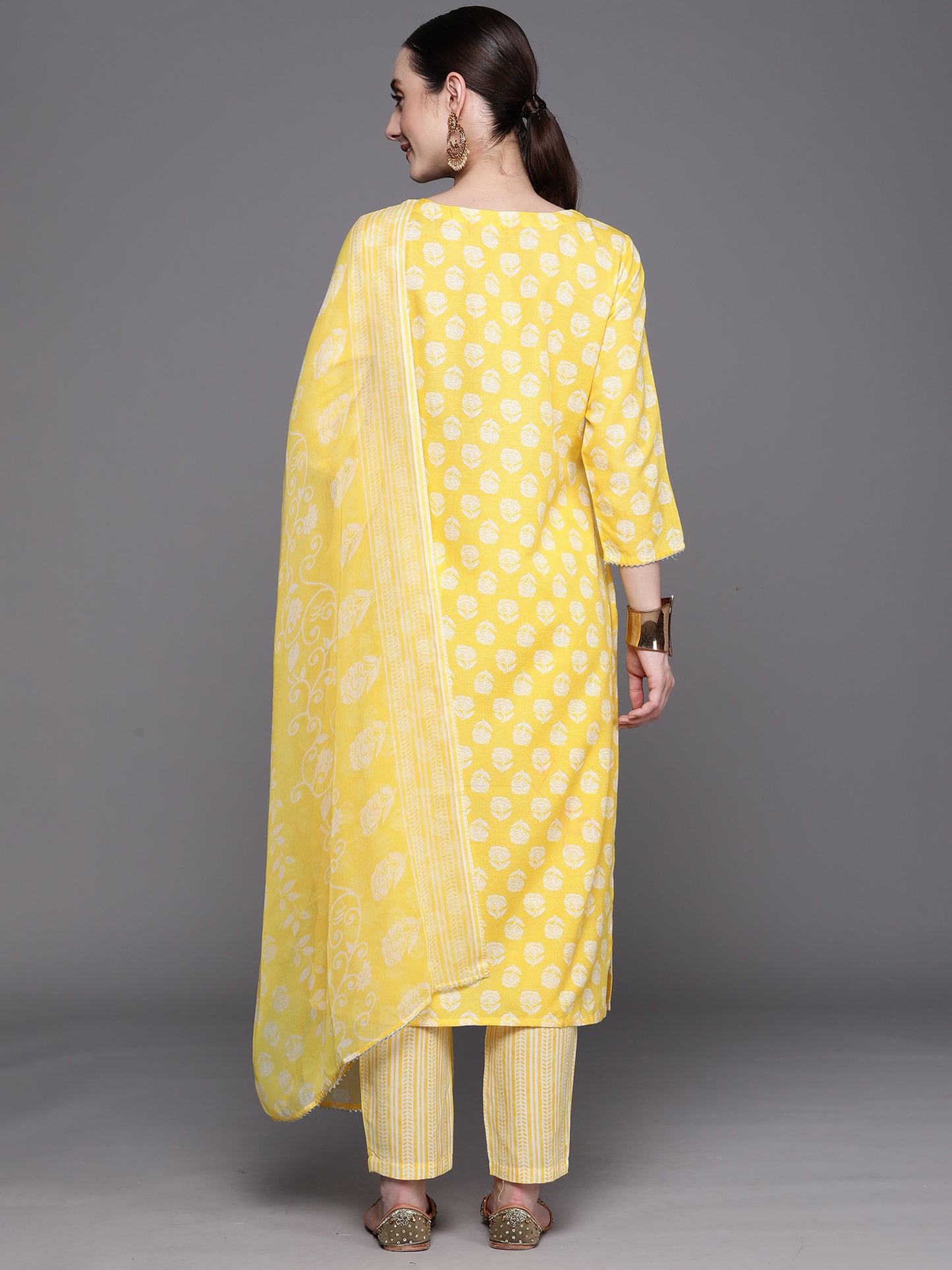 IE Yellow Printed Straight Kurta Trousers With Dupatta Set