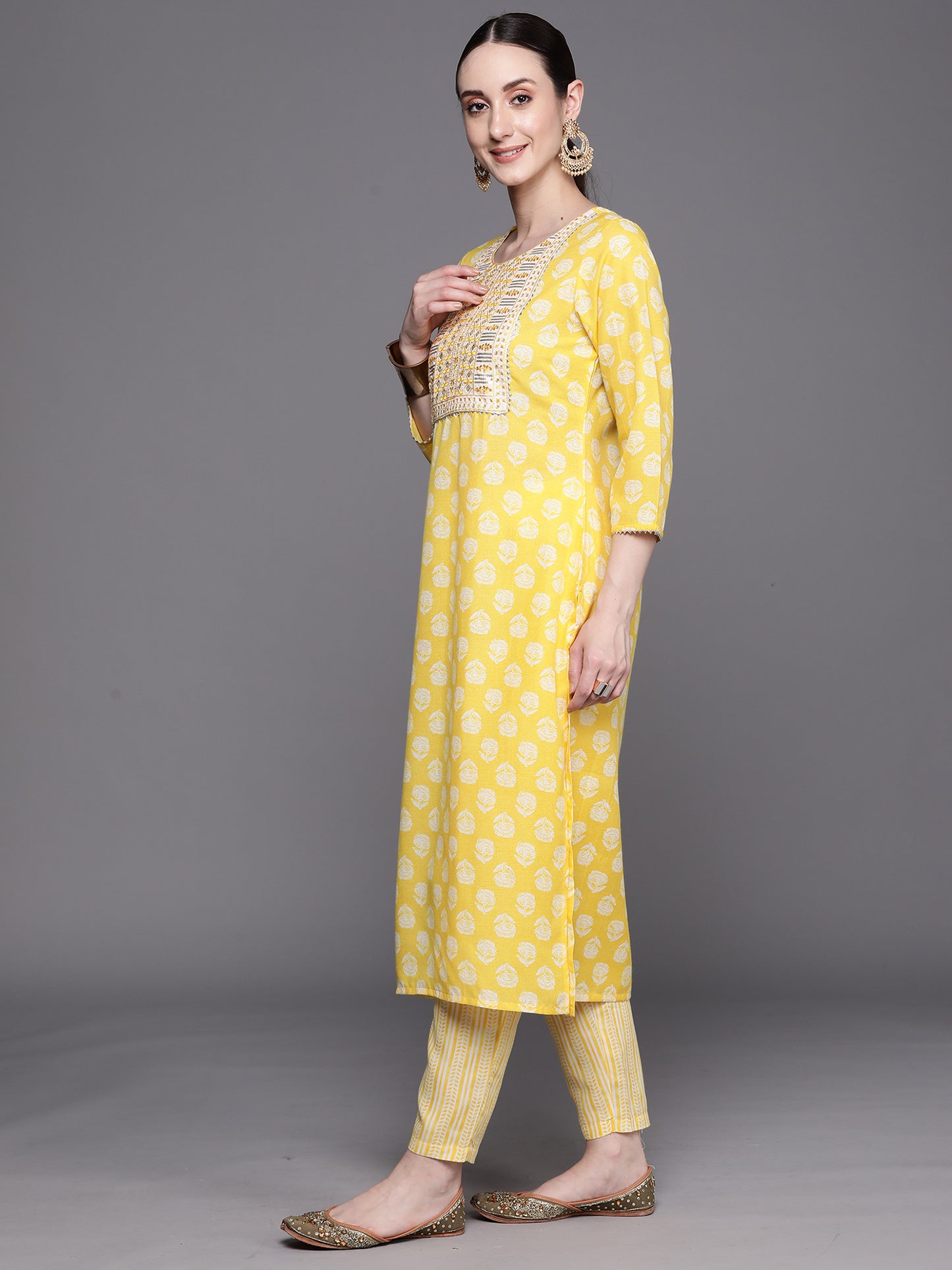 IE Yellow Printed Straight Kurta Trousers With Dupatta Set