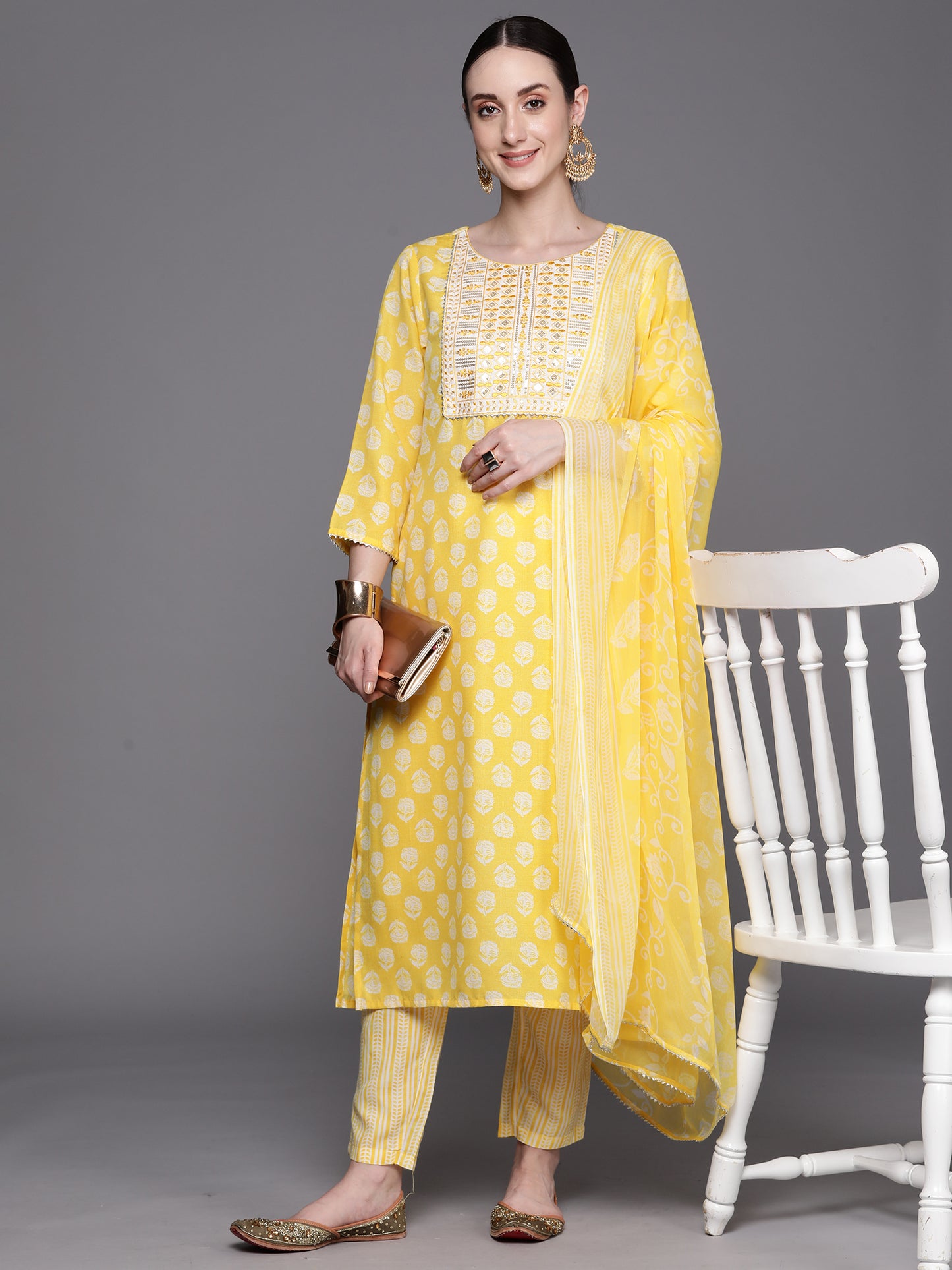 IE Yellow Printed Straight Kurta Trousers With Dupatta Set