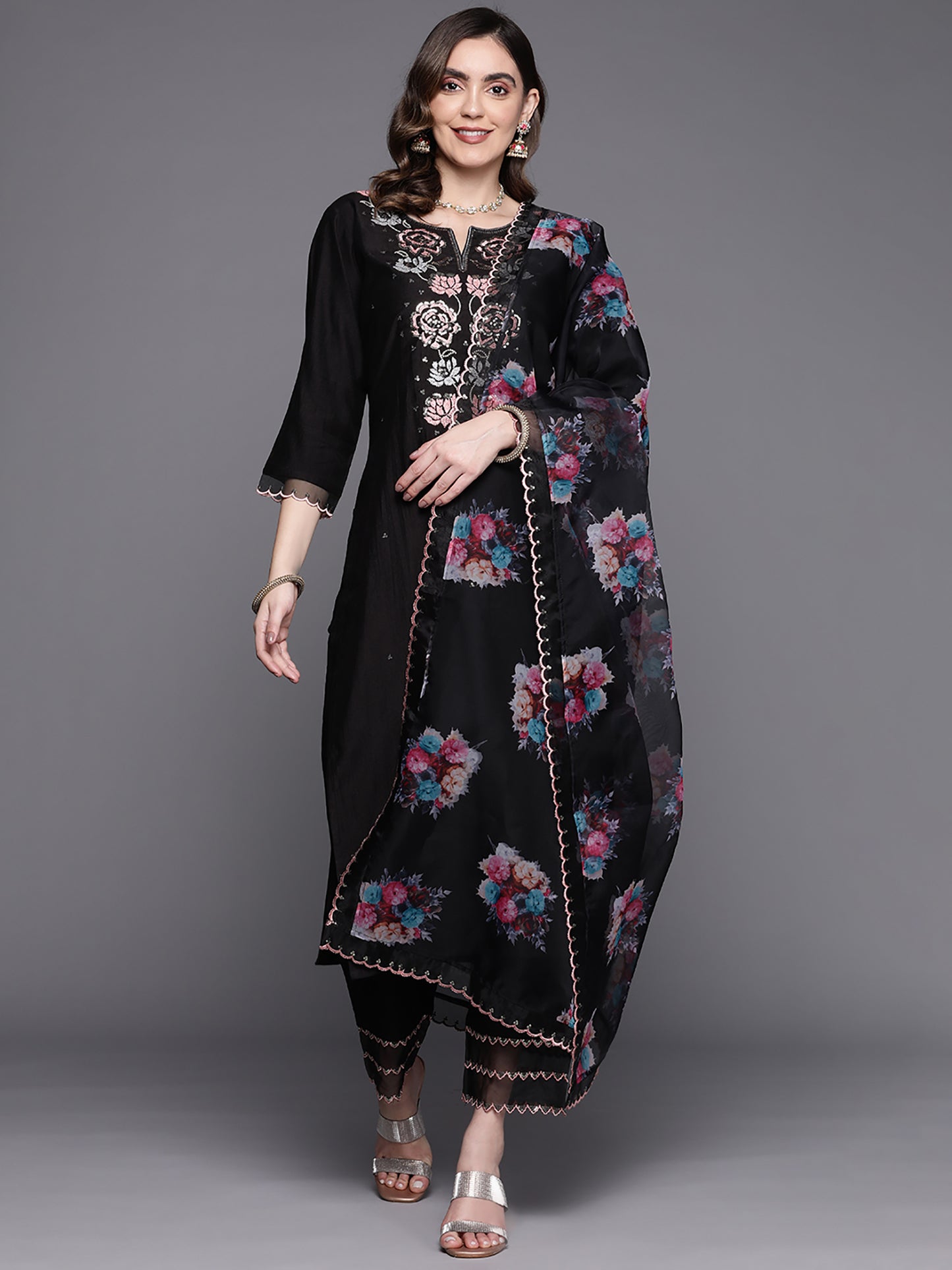 IE Black Embroidered Straight Kurta Trousers With Dupatta Set