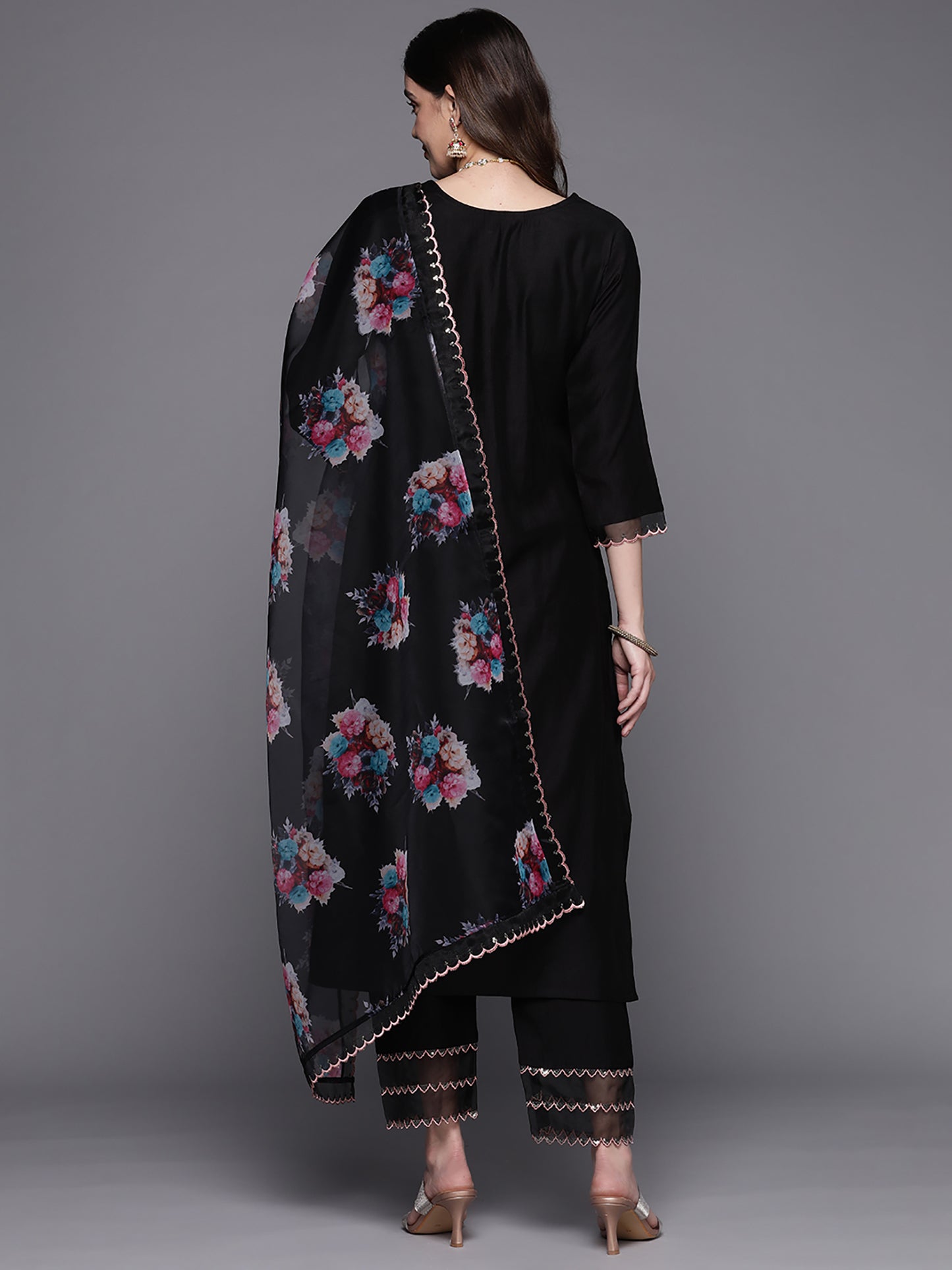 IE Black Embroidered Straight Kurta Trousers With Dupatta Set