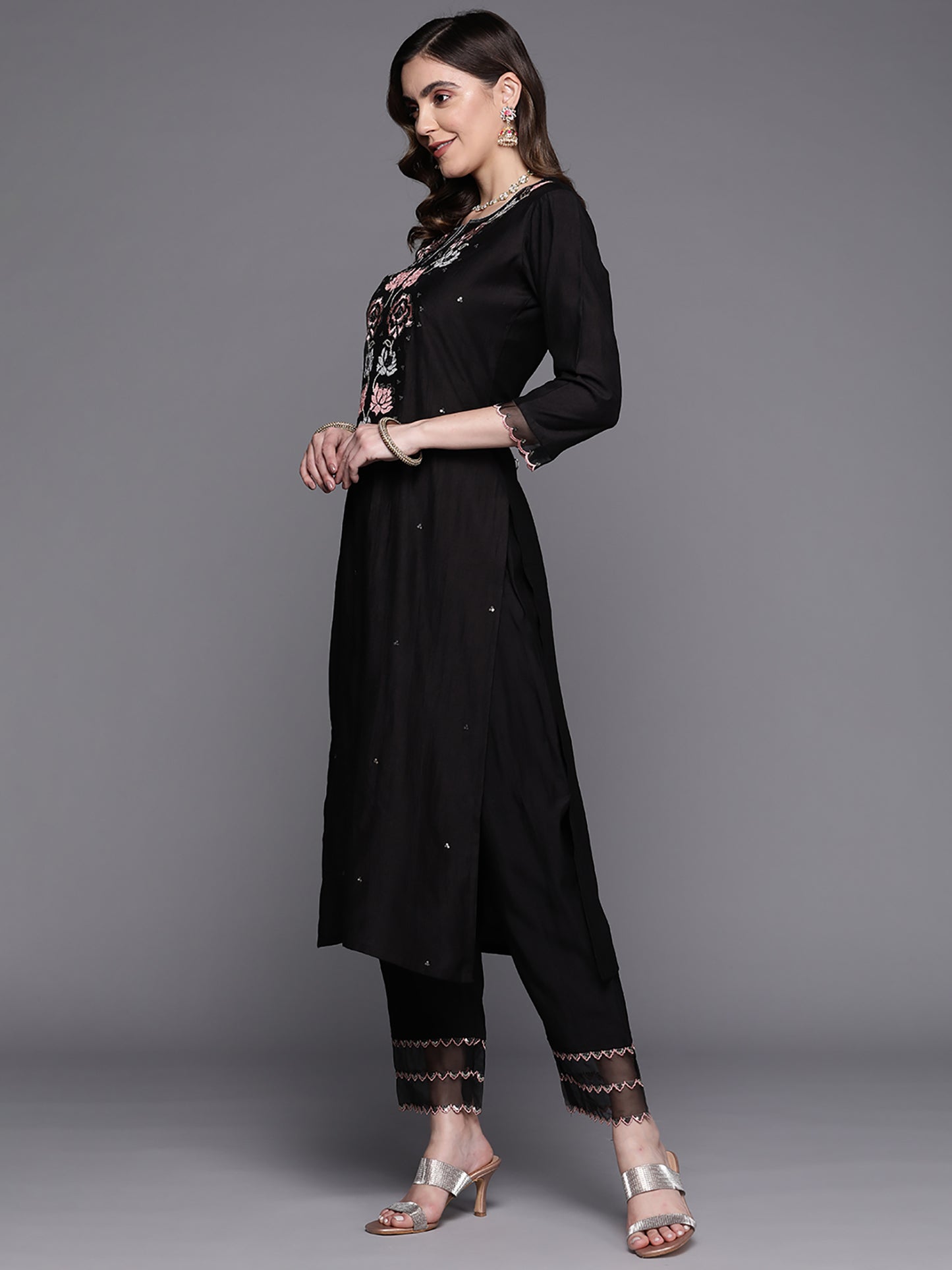 IE Black Embroidered Straight Kurta Trousers With Dupatta Set