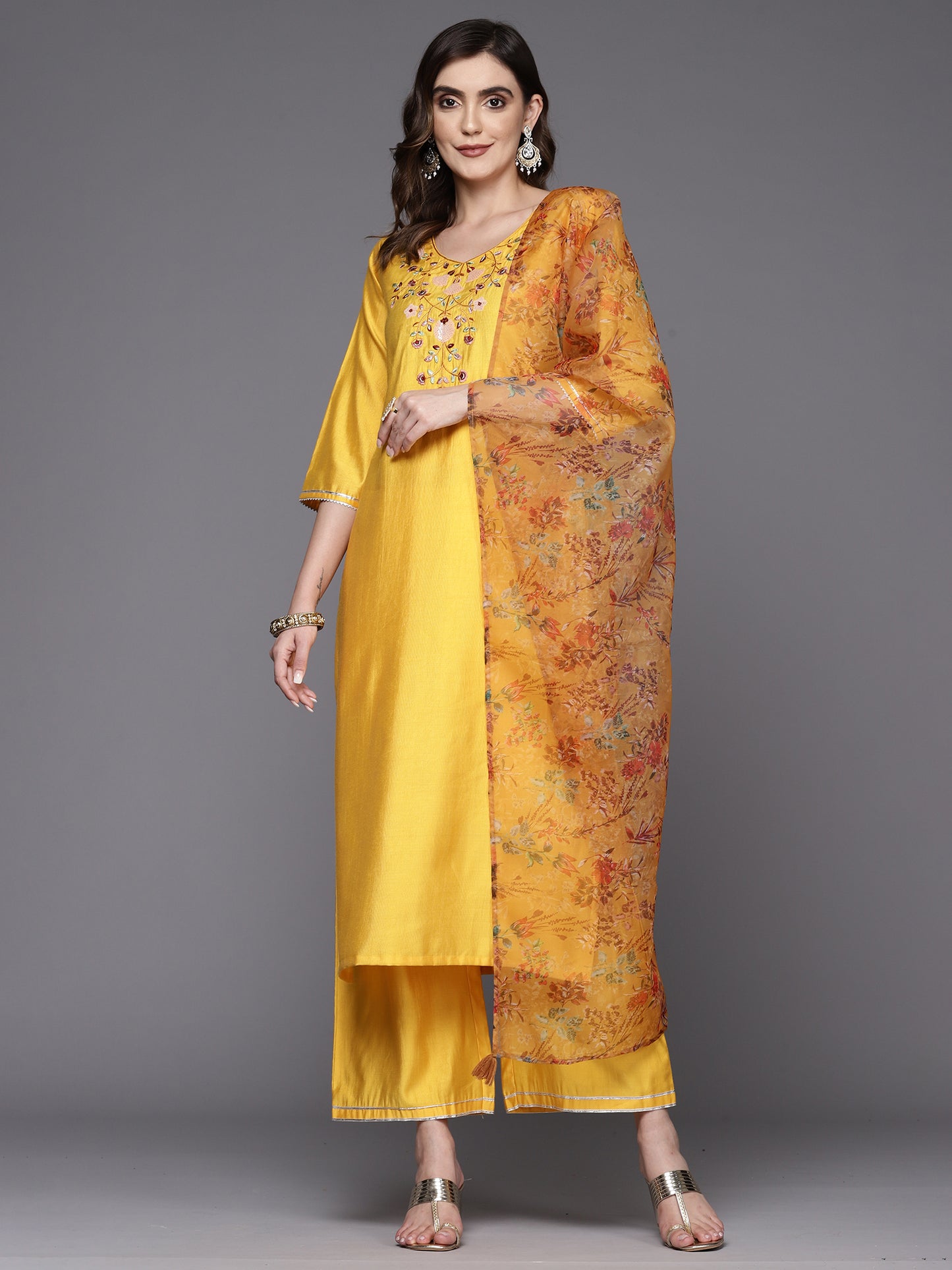 IE Mustard Embroidered Straight Kurta Palazzos With Dupatta Set