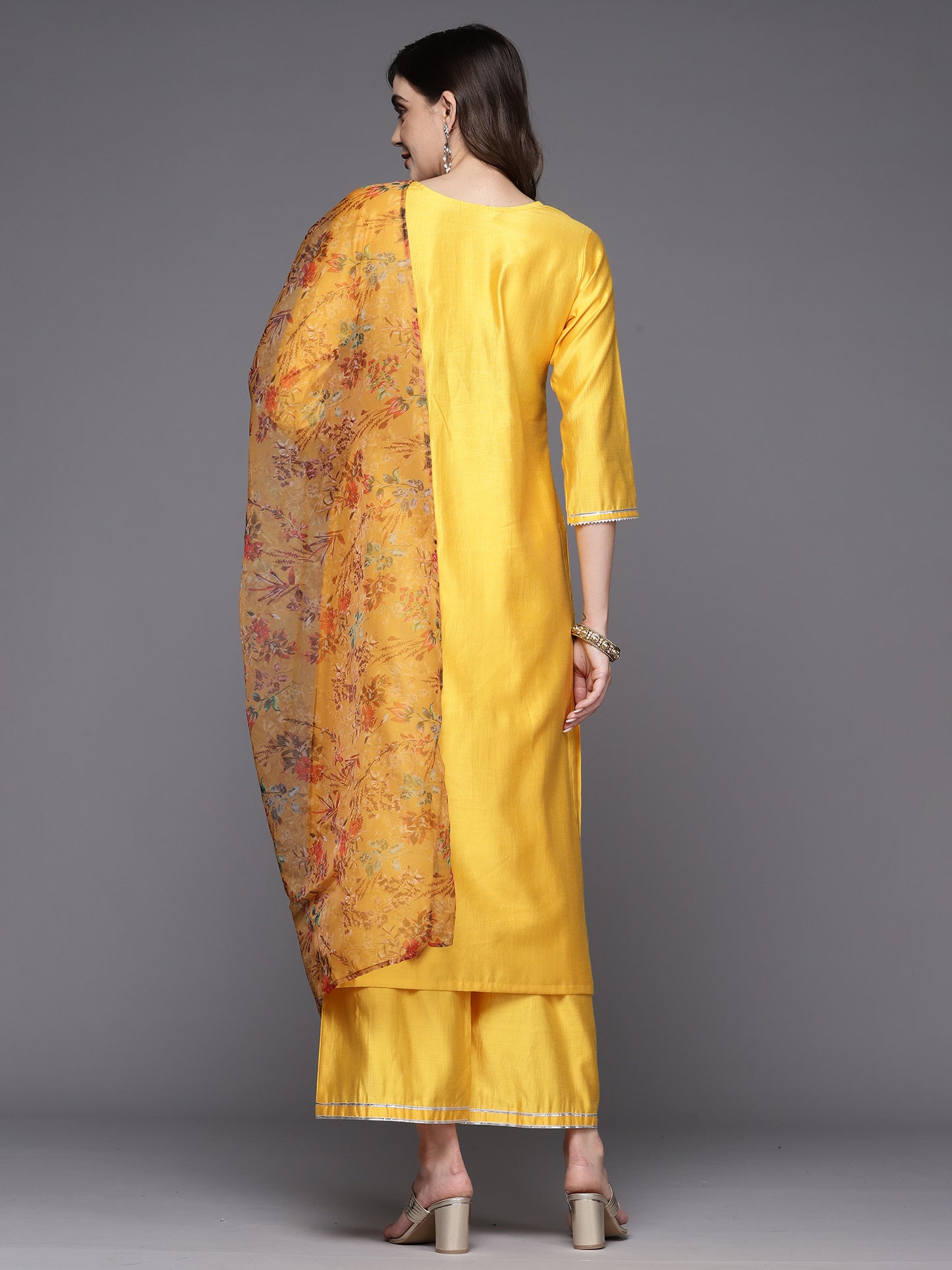 IE Mustard Embroidered Straight Kurta Palazzos With Dupatta Set