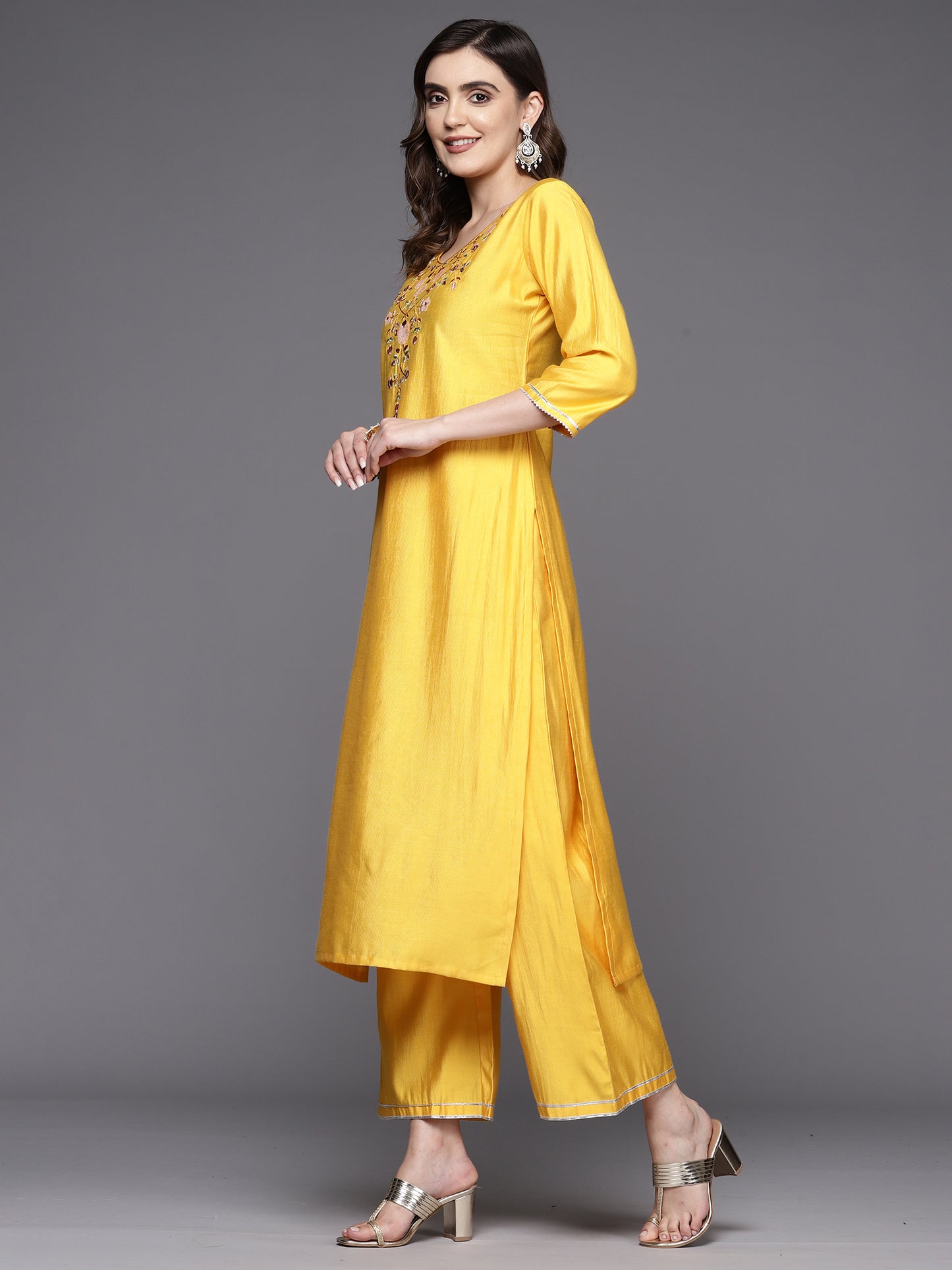 IE Mustard Embroidered Straight Kurta Palazzos With Dupatta Set