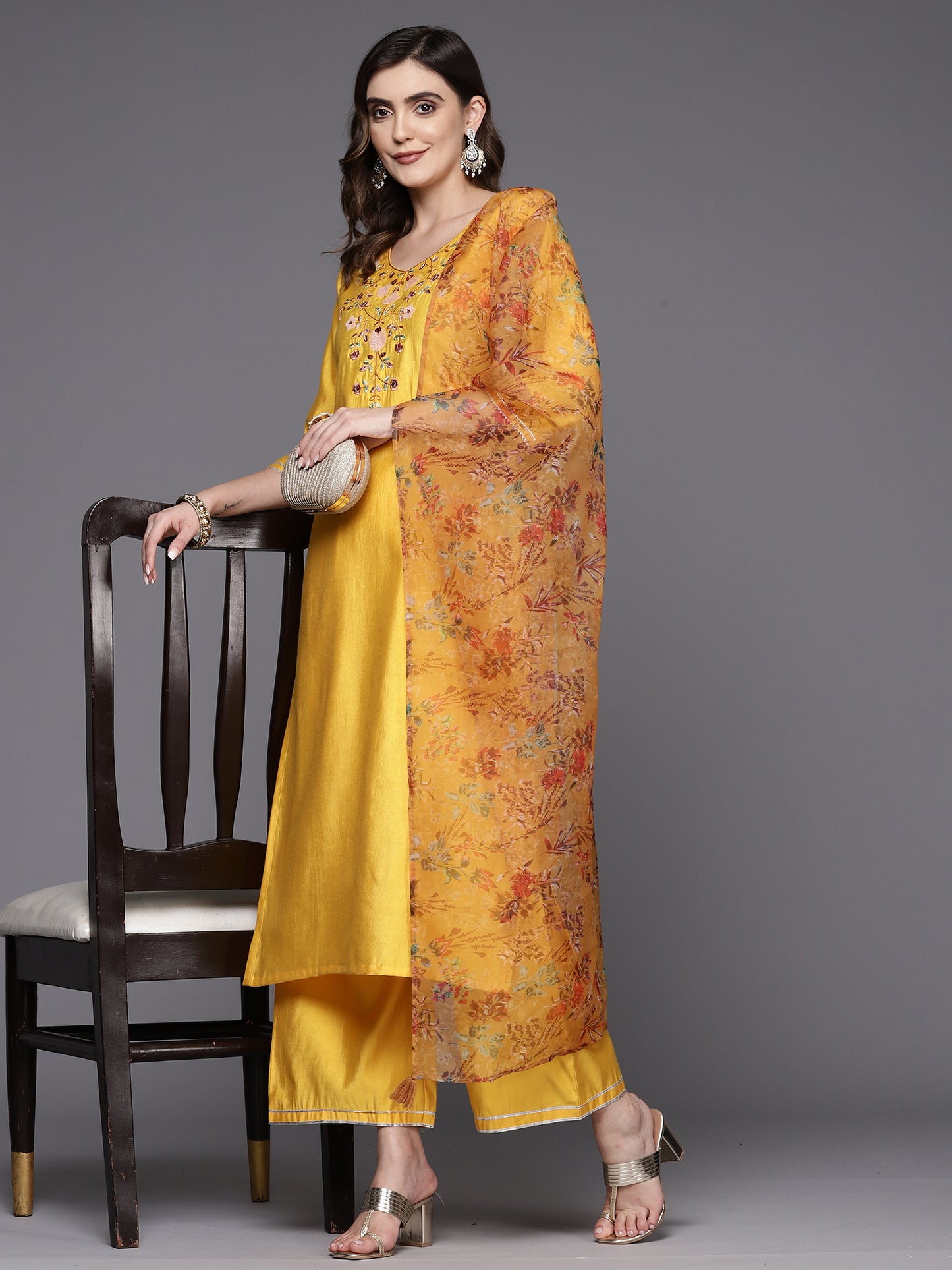 IE Mustard Embroidered Straight Kurta Palazzos With Dupatta Set