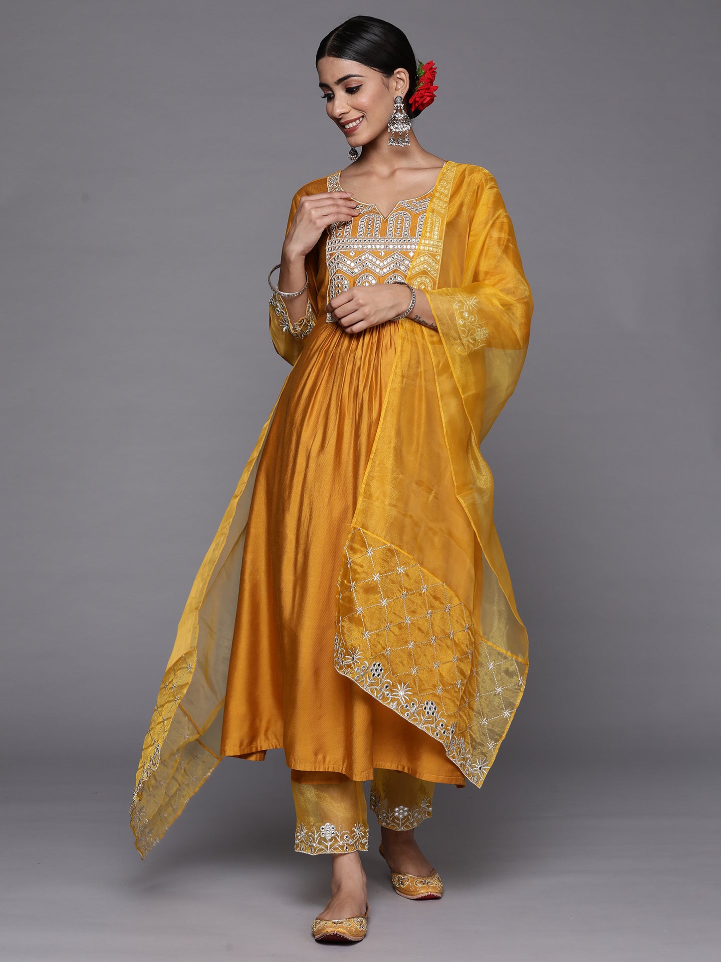 IE Mustard Embroidered Straight Kurta Trousers With Dupatta Set