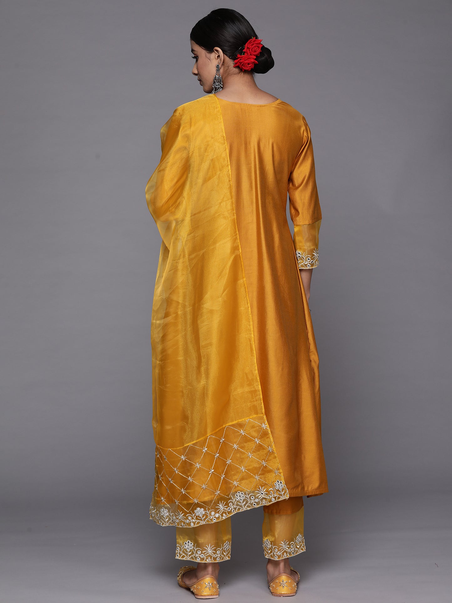 IE Mustard Embroidered Straight Kurta Trousers With Dupatta Set