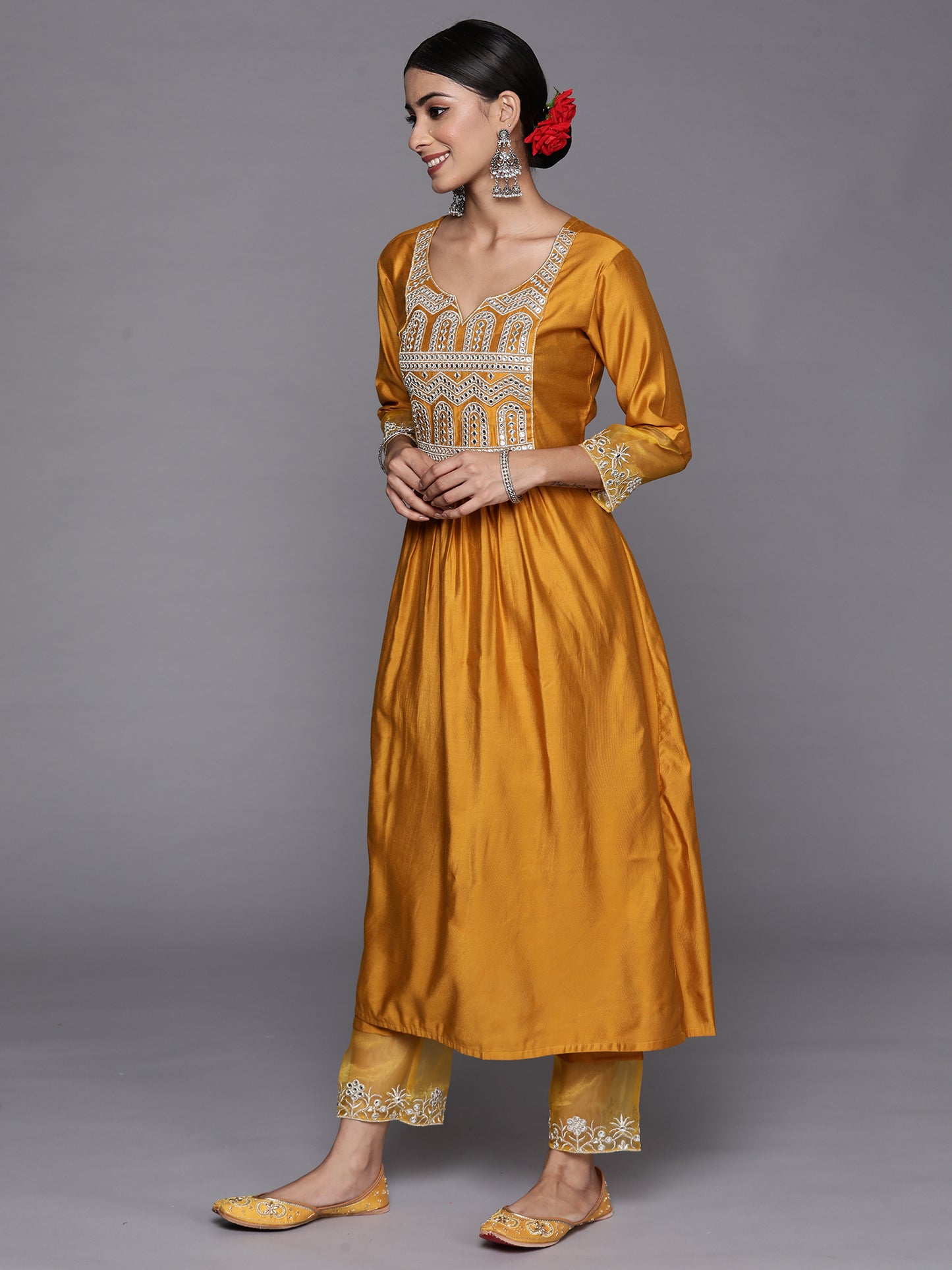 IE Mustard Embroidered Straight Kurta Trousers With Dupatta Set