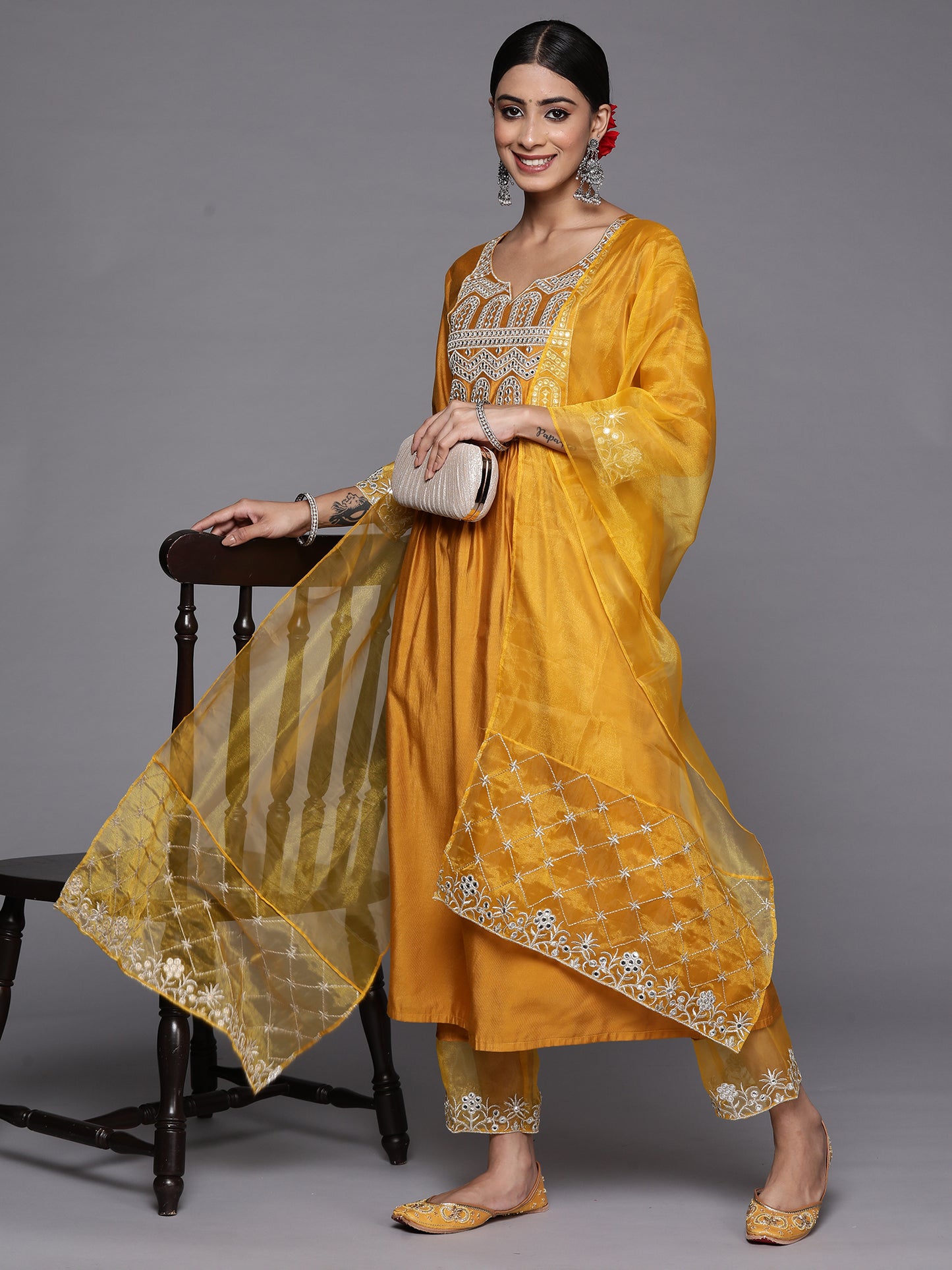 IE Mustard Embroidered Straight Kurta Trousers With Dupatta Set