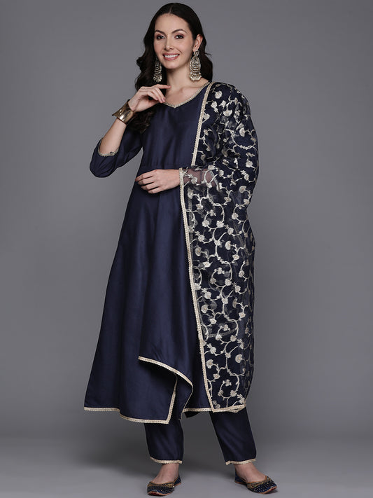 IE Navy Blue Solid A-Line Kurta Trousers With Dupatta Set