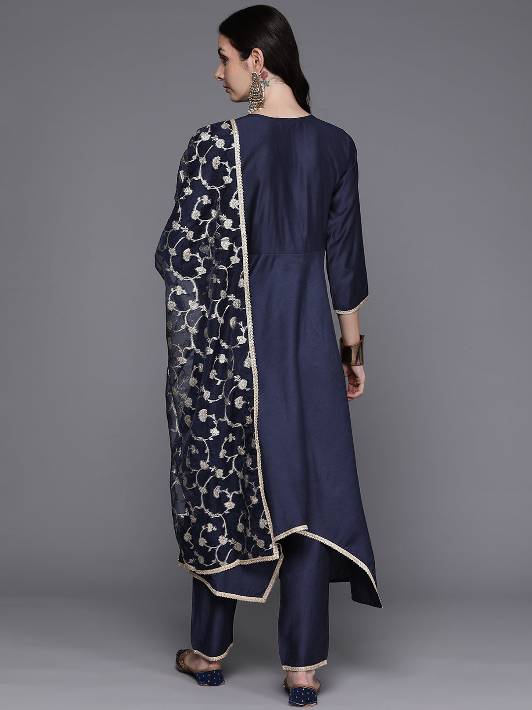 IE Navy Blue Solid A-Line Kurta Trousers With Dupatta Set