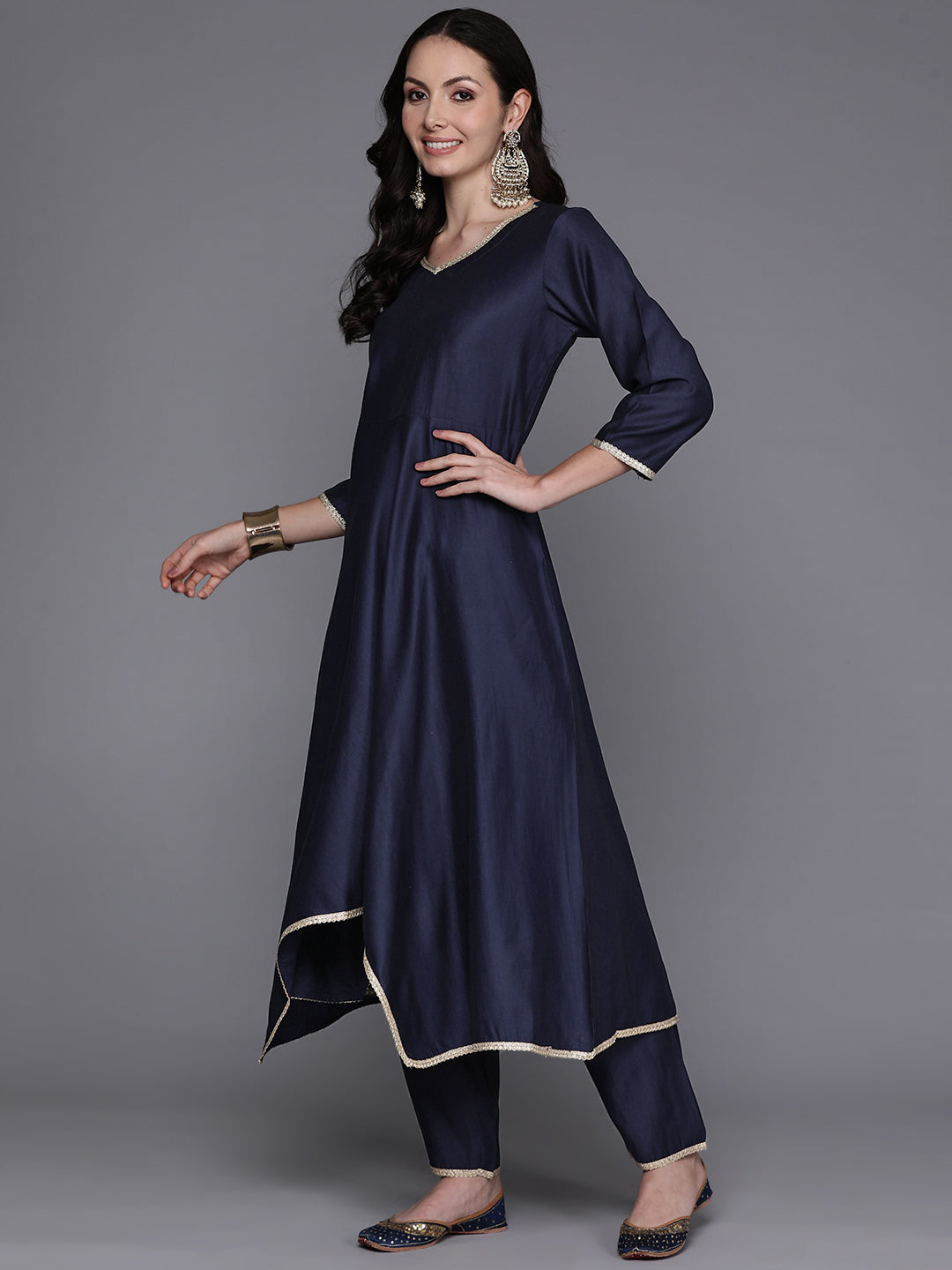 IE Navy Blue Solid A-Line Kurta Trousers With Dupatta Set