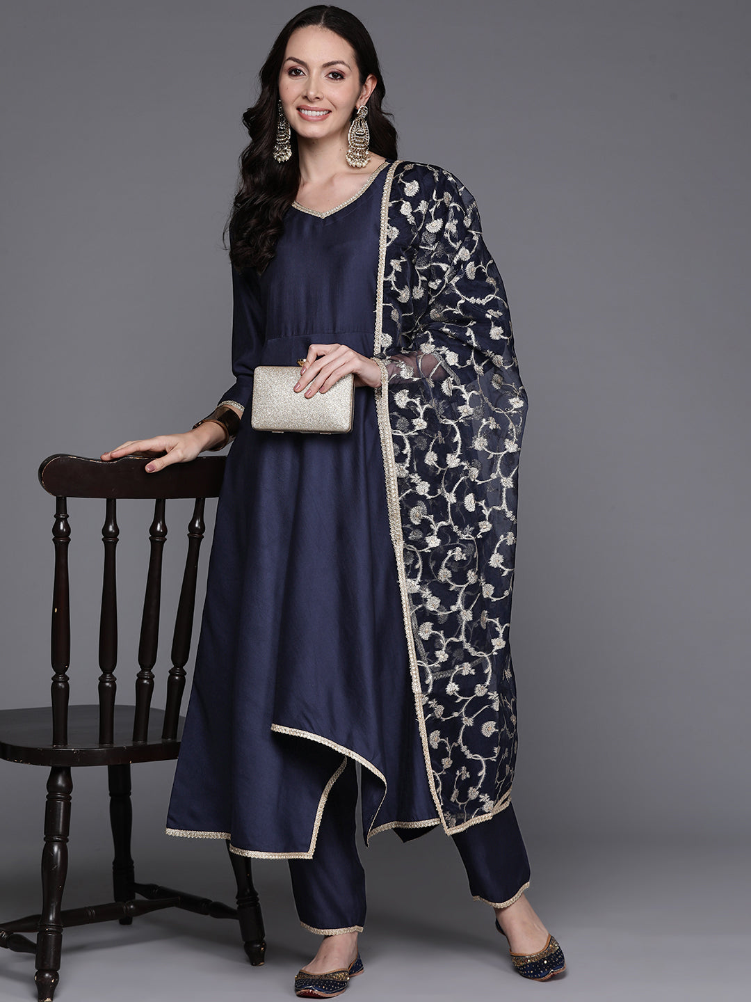 IE Navy Blue Solid A-Line Kurta Trousers With Dupatta Set