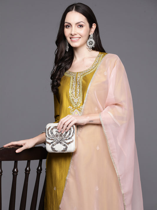 IE Olive Embroidered Straight Kurta Trousers With Dupatta Set