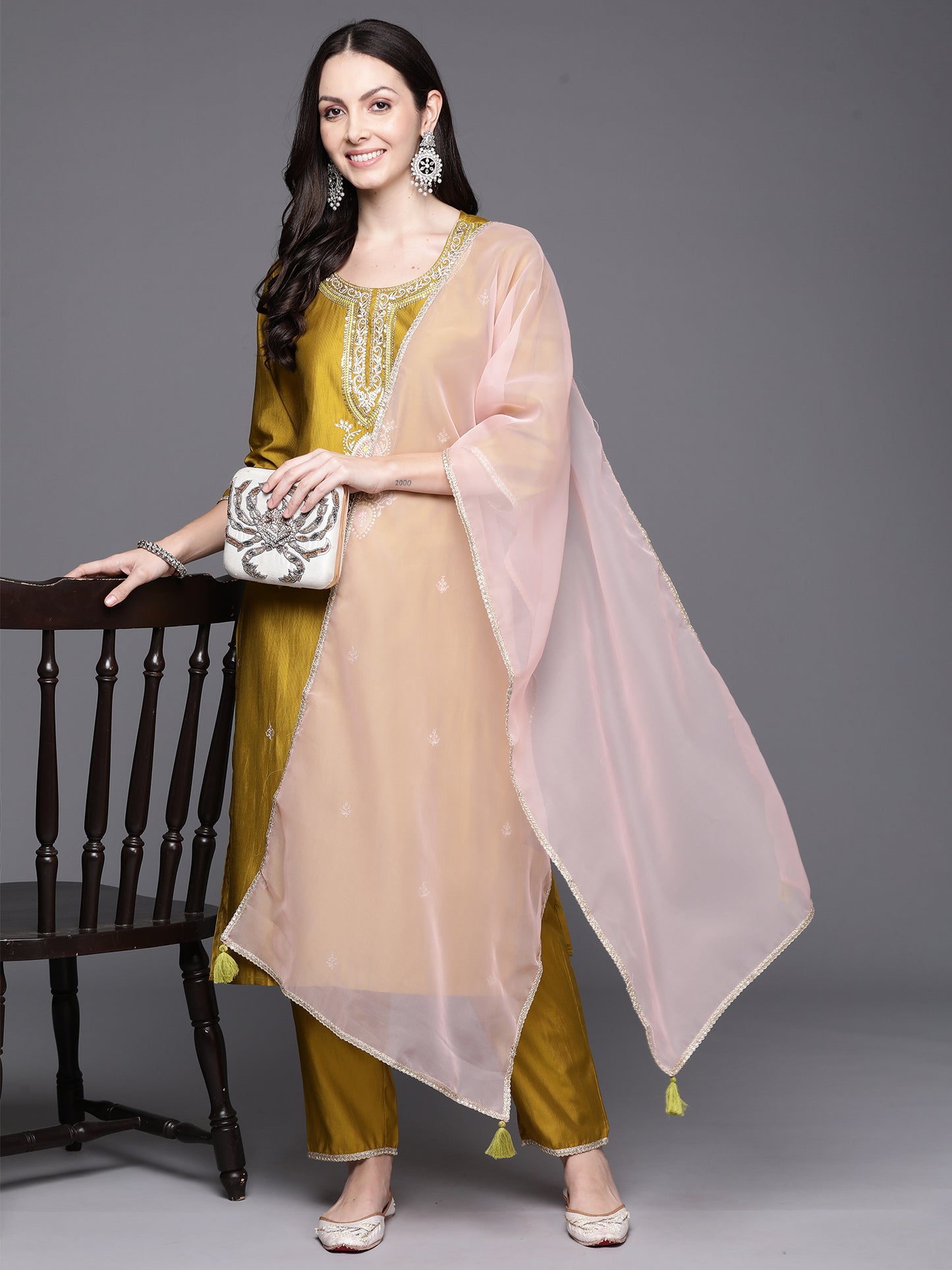 IE Olive Embroidered Straight Kurta Trousers With Dupatta Set