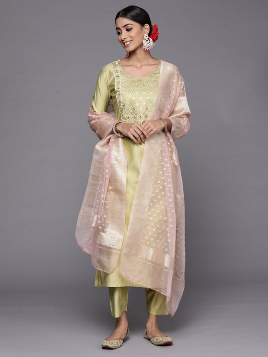 IE Olive Embroidered Straight Kurta Trousers With Dupatta Set