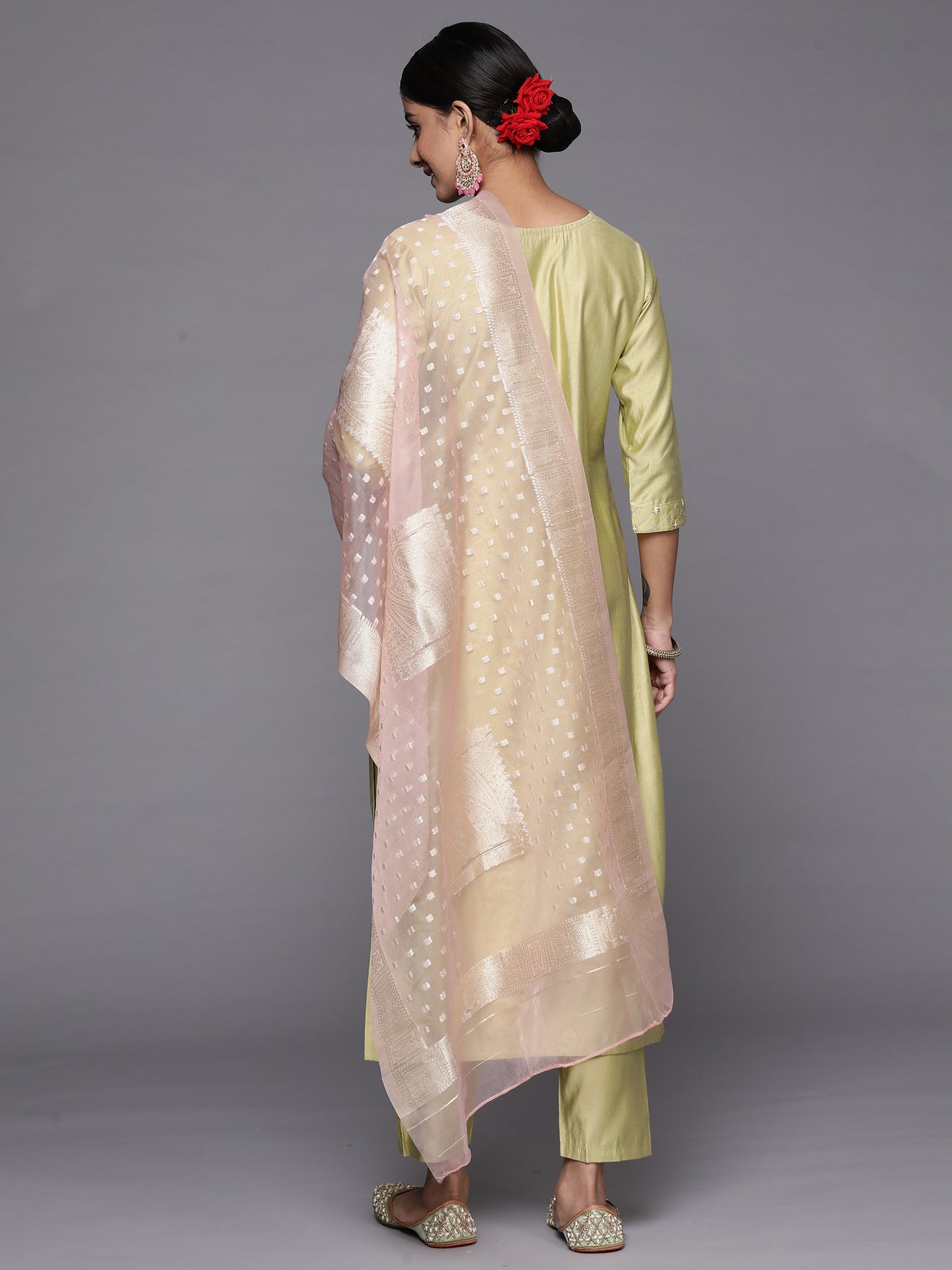 IE Olive Embroidered Straight Kurta Trousers With Dupatta Set