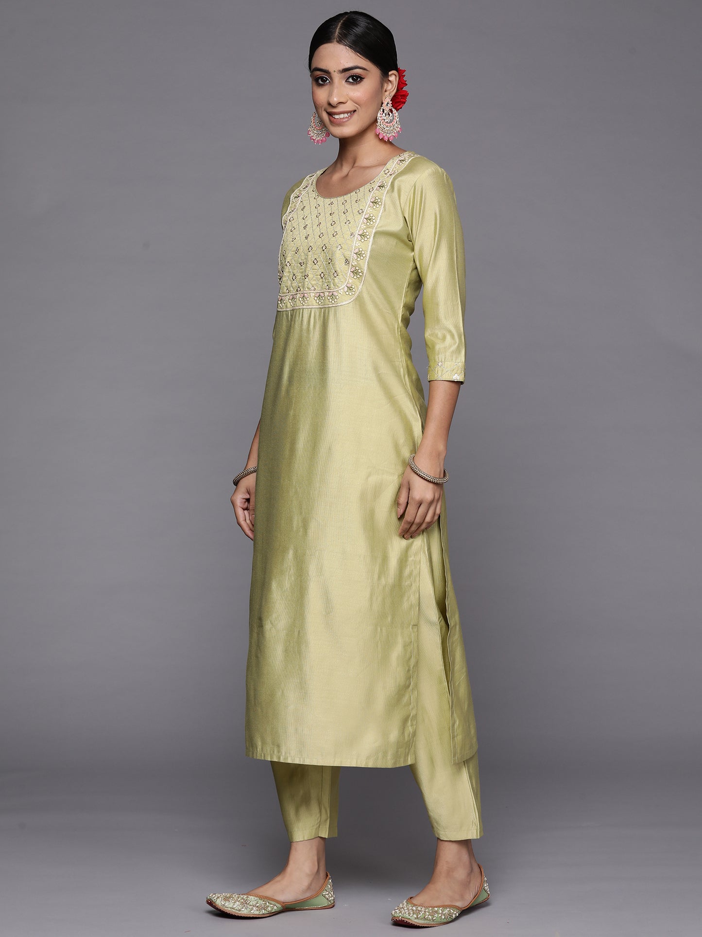 IE Olive Embroidered Straight Kurta Trousers With Dupatta Set