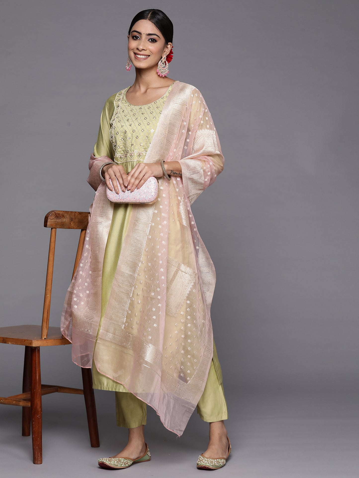 IE Olive Embroidered Straight Kurta Trousers With Dupatta Set