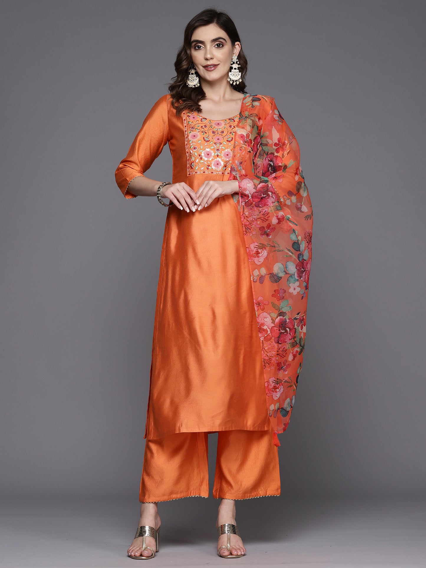 IE Orange Embroidered Straight Kurta Trousers With Dupatta Set