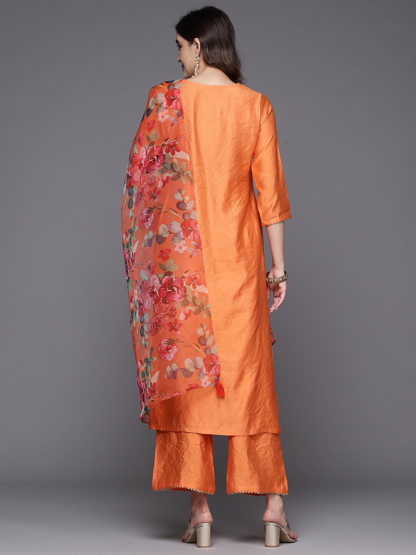 IE Orange Embroidered Straight Kurta Trousers With Dupatta Set