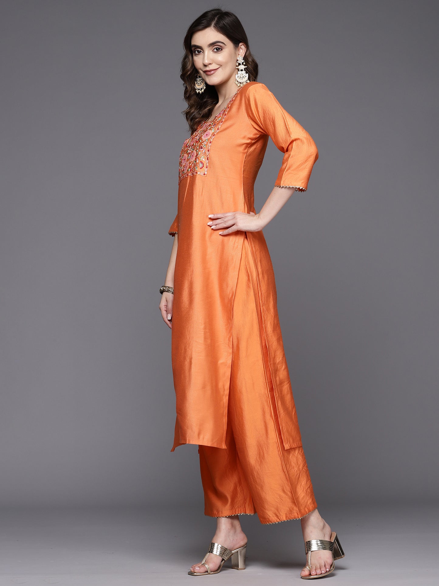 IE Orange Embroidered Straight Kurta Trousers With Dupatta Set