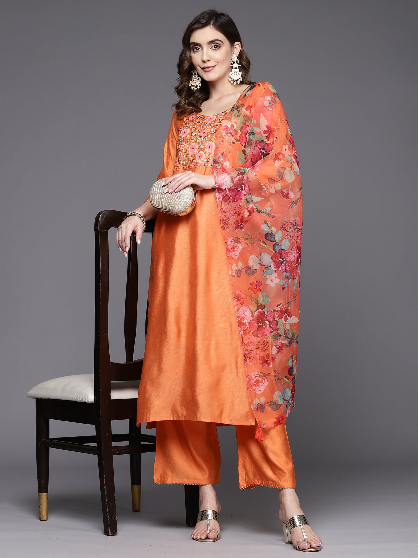 IE Orange Embroidered Straight Kurta Trousers With Dupatta Set