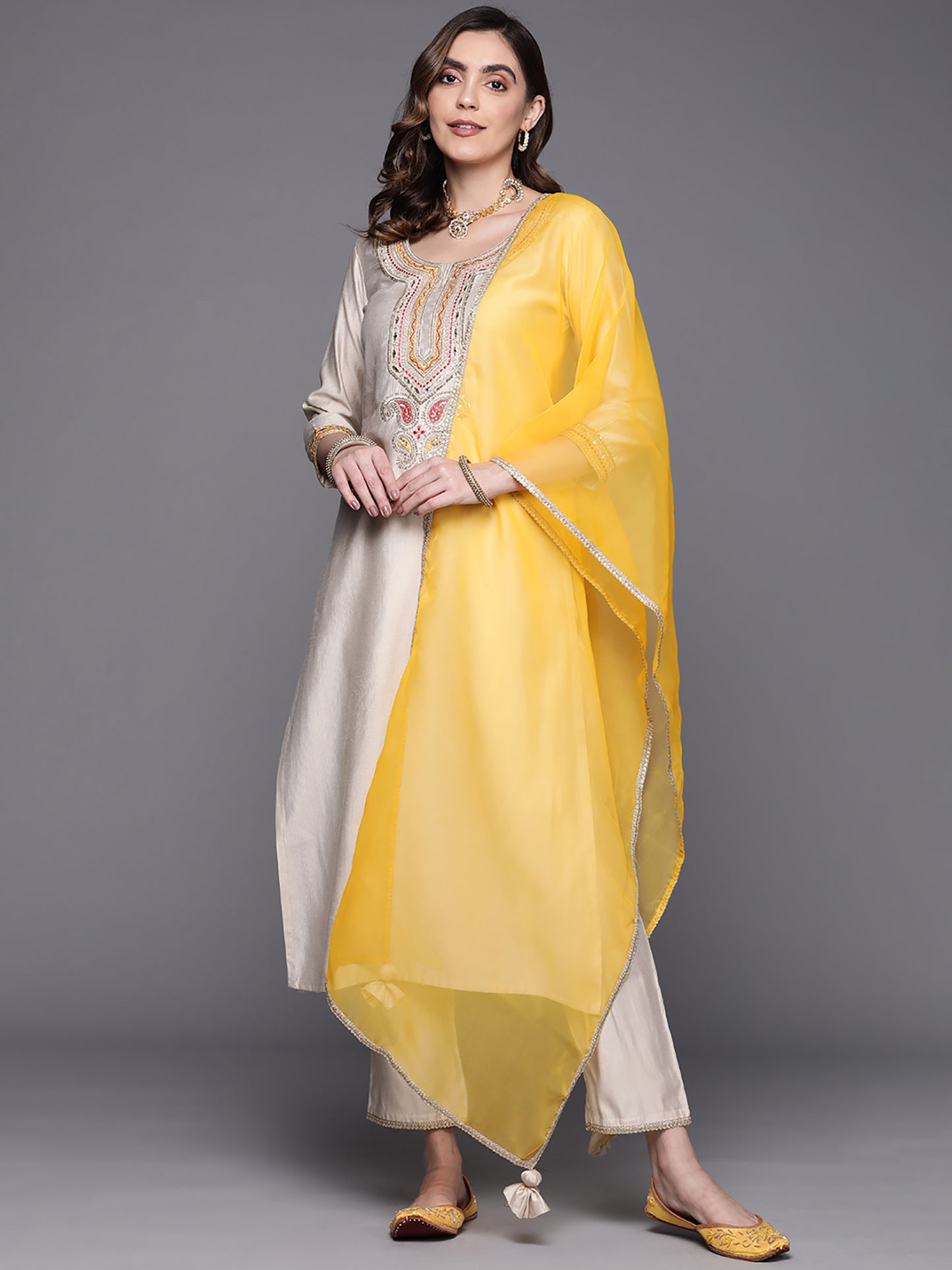 IE Off White Embroidered Straight Kurta Trousers With Dupatta Set