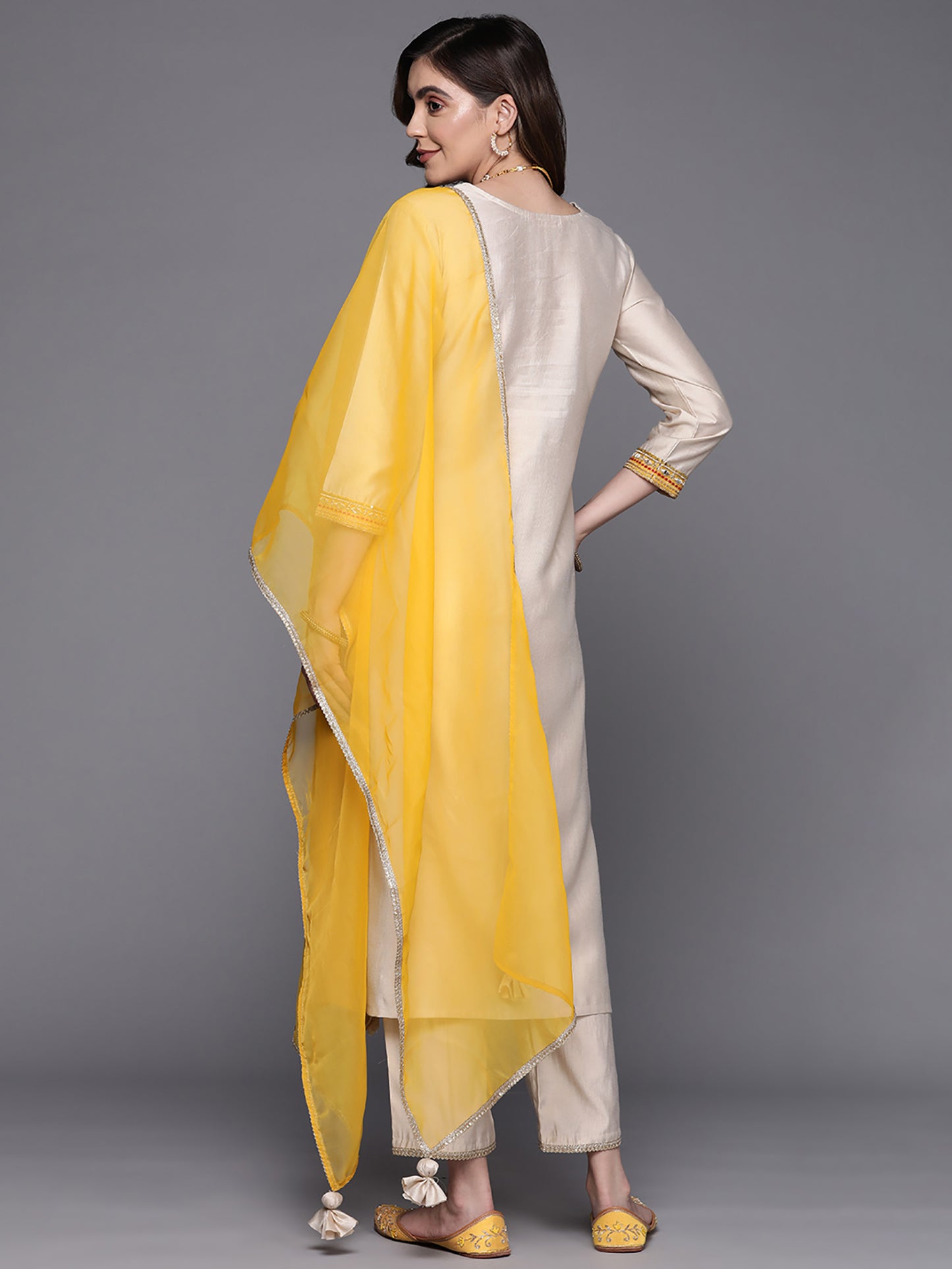 IE Off White Embroidered Straight Kurta Trousers With Dupatta Set