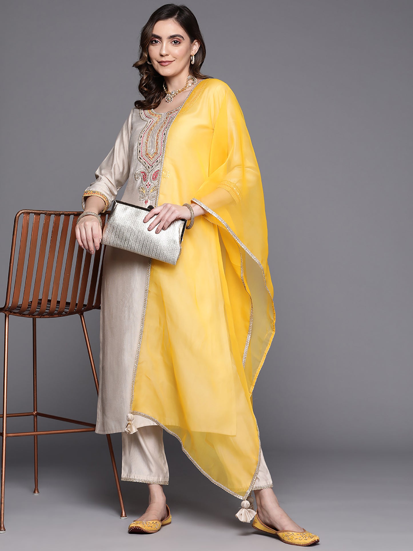 IE Off White Embroidered Straight Kurta Trousers With Dupatta Set