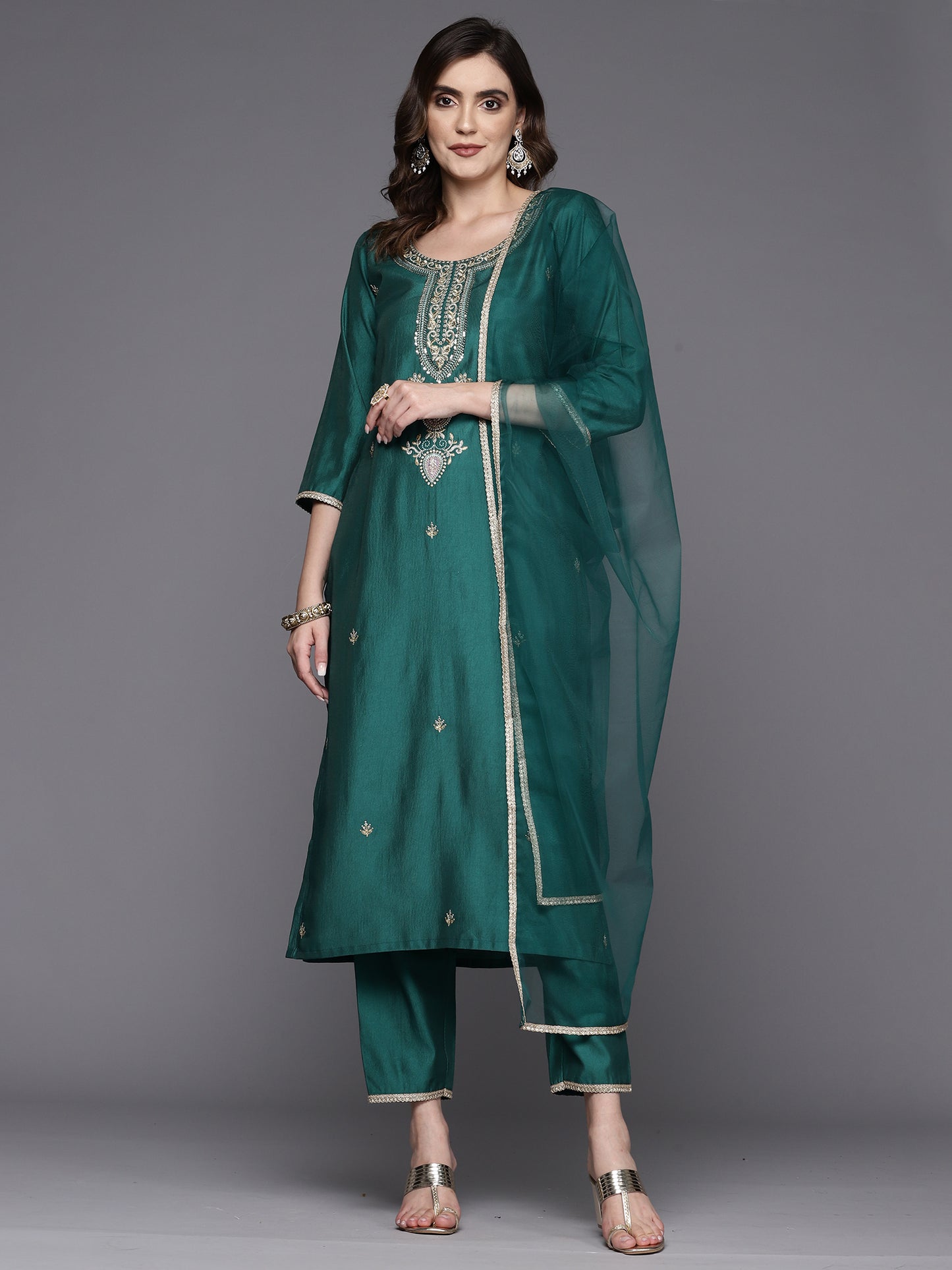 IE Teal Embroidered Straight Kurta Trousers With Dupatta Set