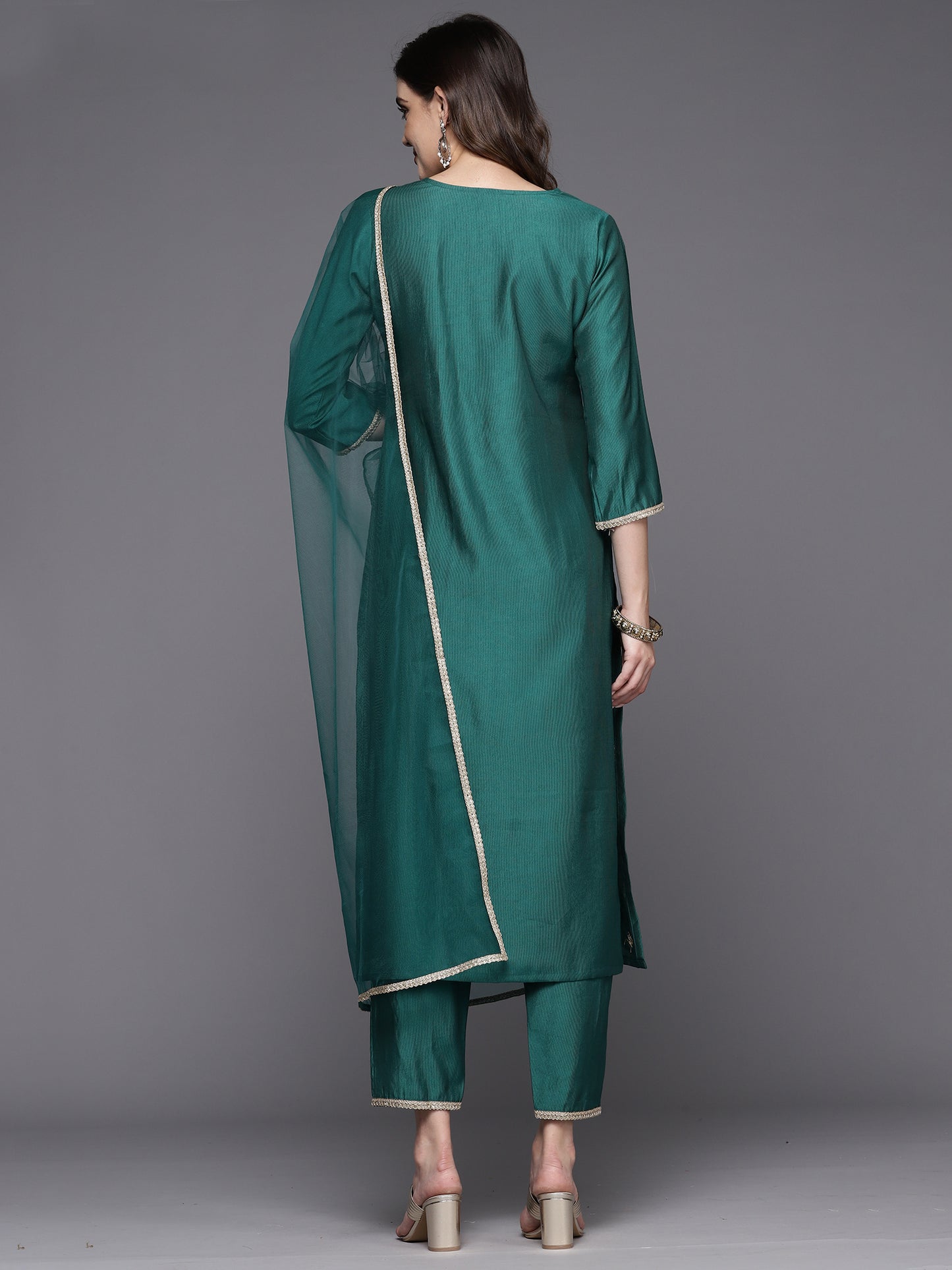 IE Teal Embroidered Straight Kurta Trousers With Dupatta Set