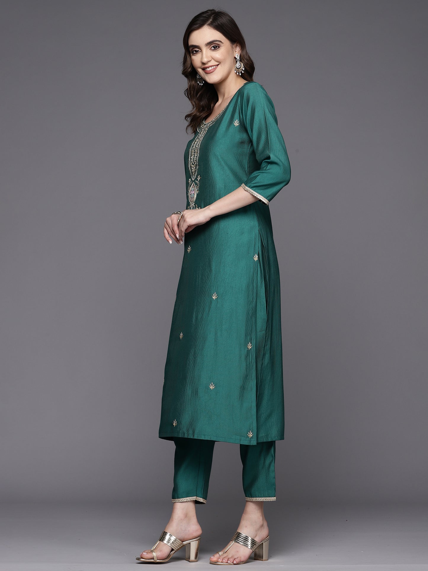 IE Teal Embroidered Straight Kurta Trousers With Dupatta Set