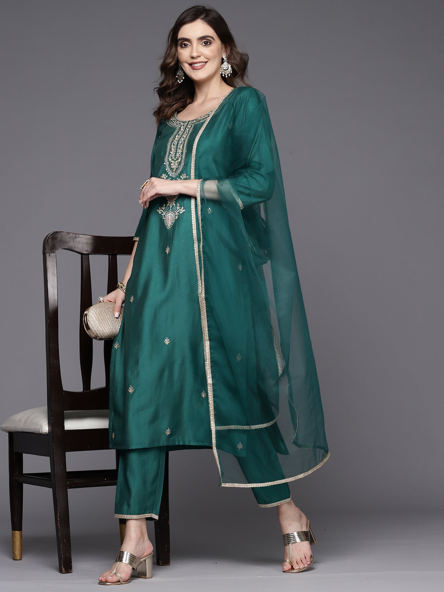 IE Teal Embroidered Straight Kurta Trousers With Dupatta Set