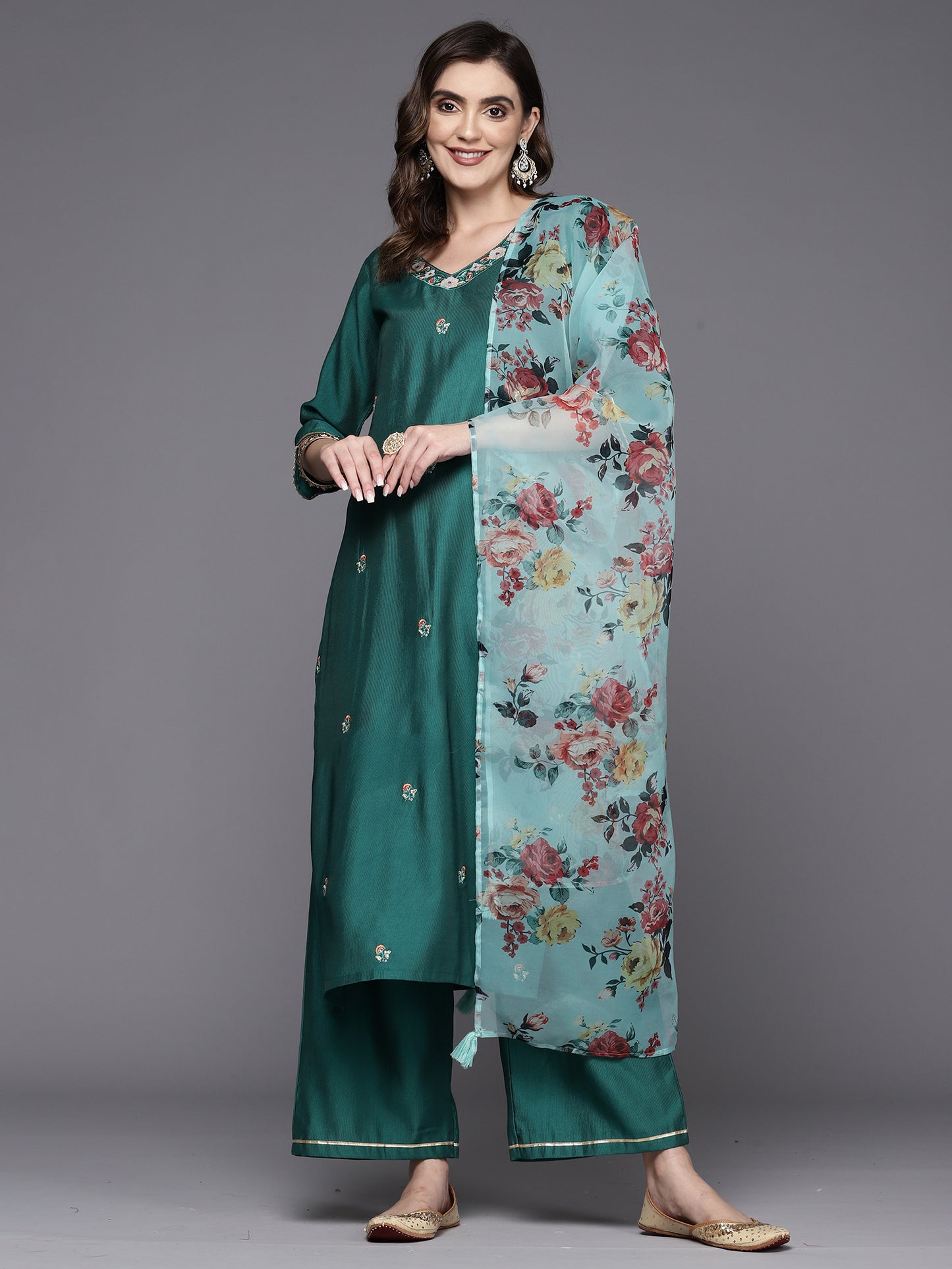 IE Teal Embroidered Straight Kurta Palazzos With Dupatta Set