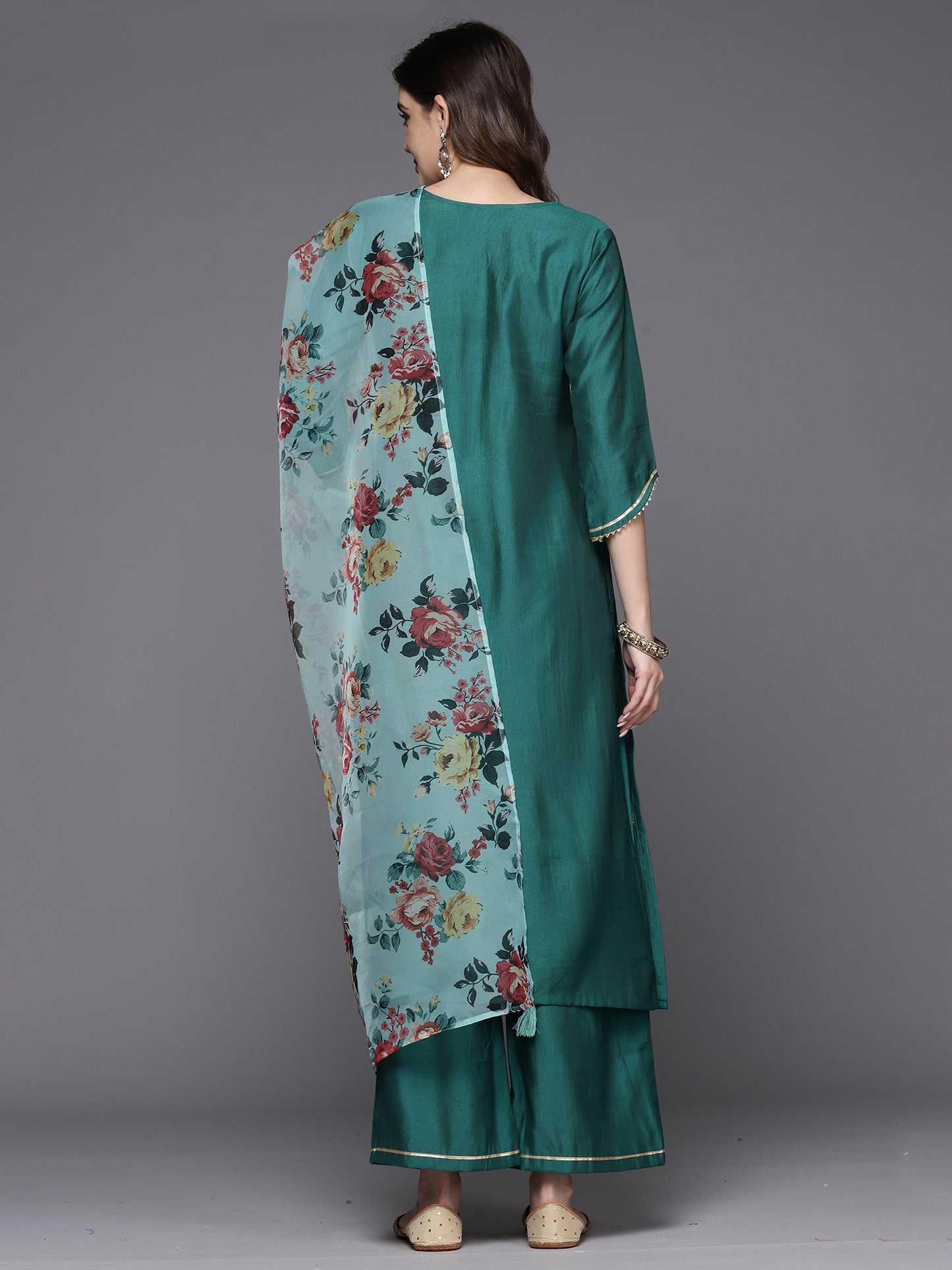 IE Teal Embroidered Straight Kurta Palazzos With Dupatta Set