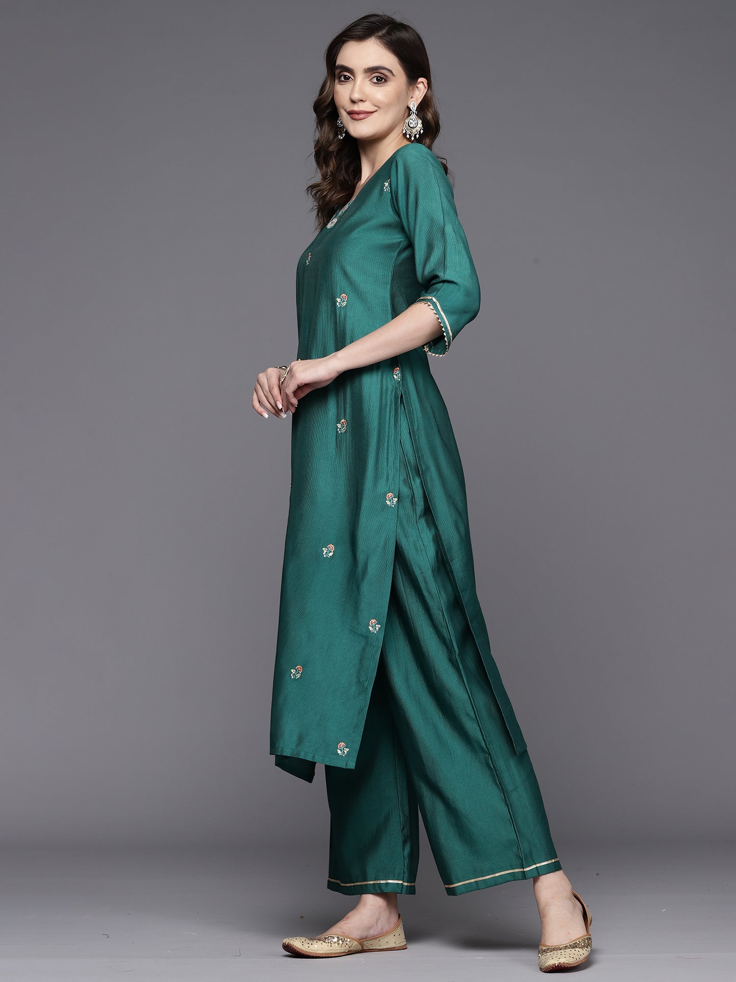 IE Teal Embroidered Straight Kurta Palazzos With Dupatta Set