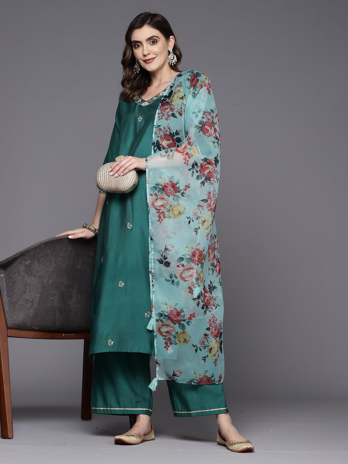 IE Teal Embroidered Straight Kurta Palazzos With Dupatta Set