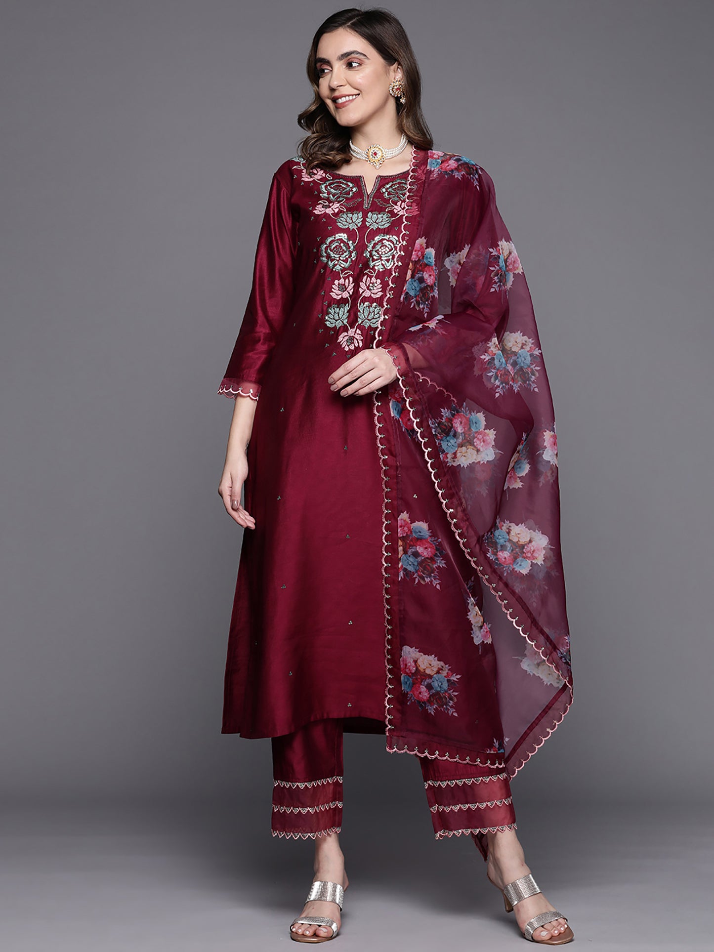 IE Wine Embroidered Straight Kurta Trousers With Dupatta Set.