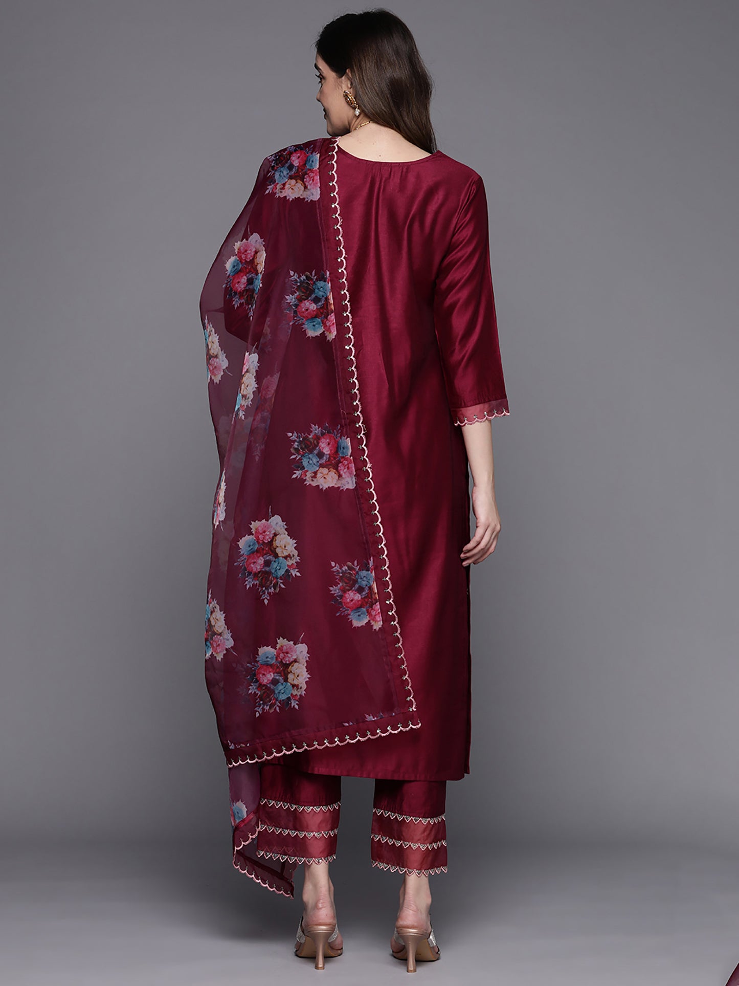 IE Wine Embroidered Straight Kurta Trousers With Dupatta Set.