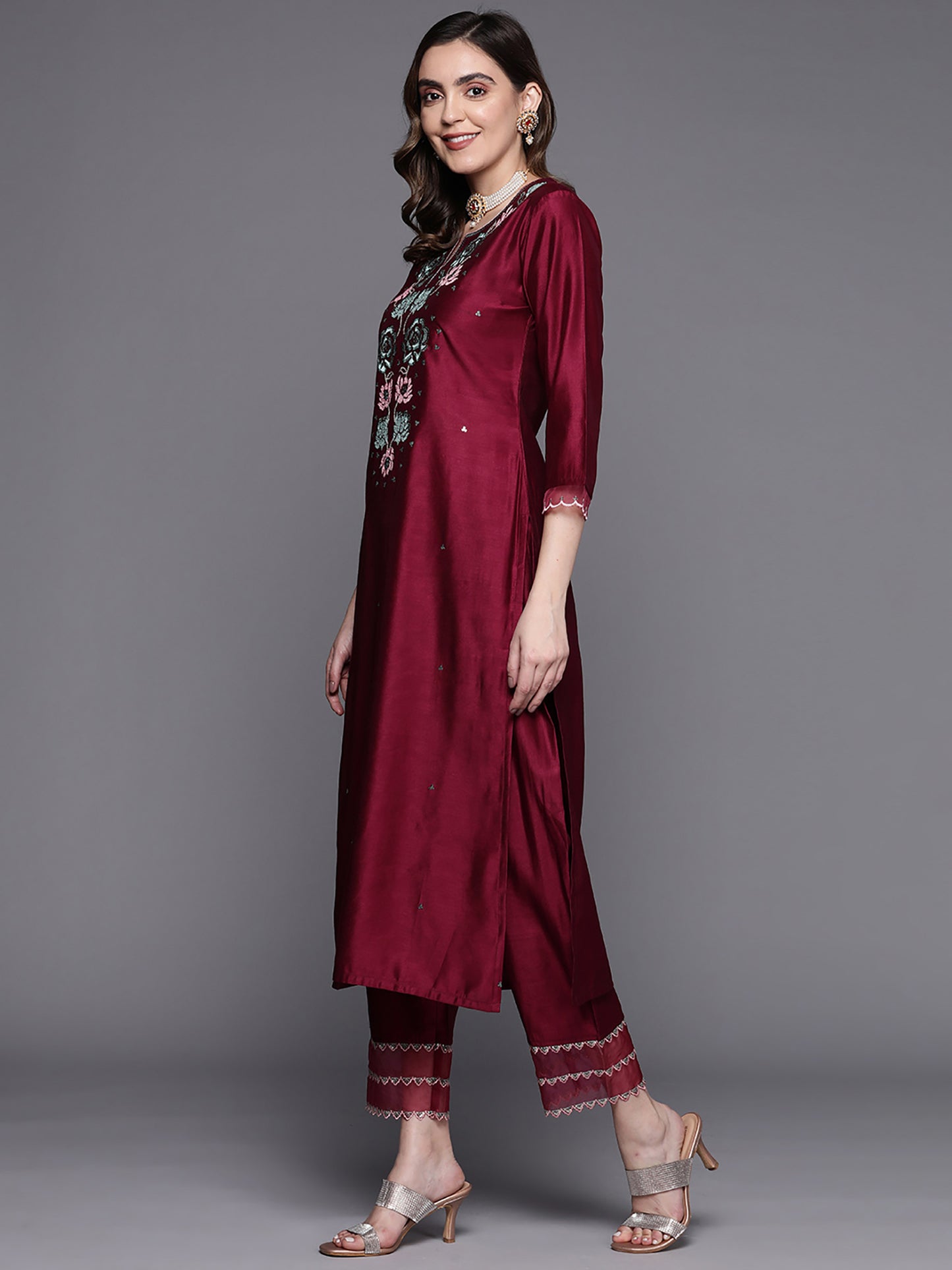 IE Wine Embroidered Straight Kurta Trousers With Dupatta Set.