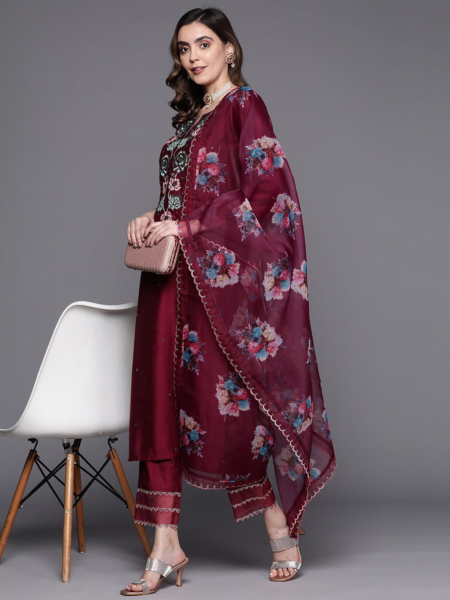 IE Wine Embroidered Straight Kurta Trousers With Dupatta Set.