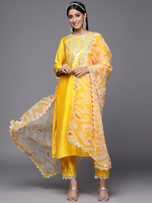 IE Kesariya Yellow Embroidered Straight Kurta Trouser With Dupatta Set