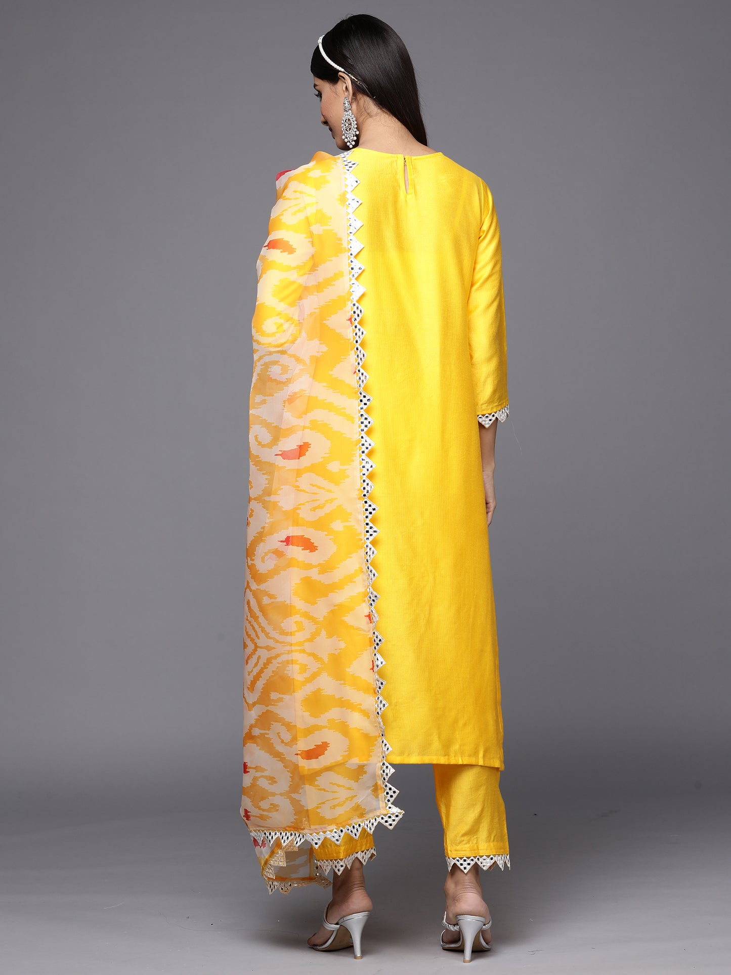 IE Kesariya Yellow Embroidered Straight Kurta Trouser With Dupatta Set