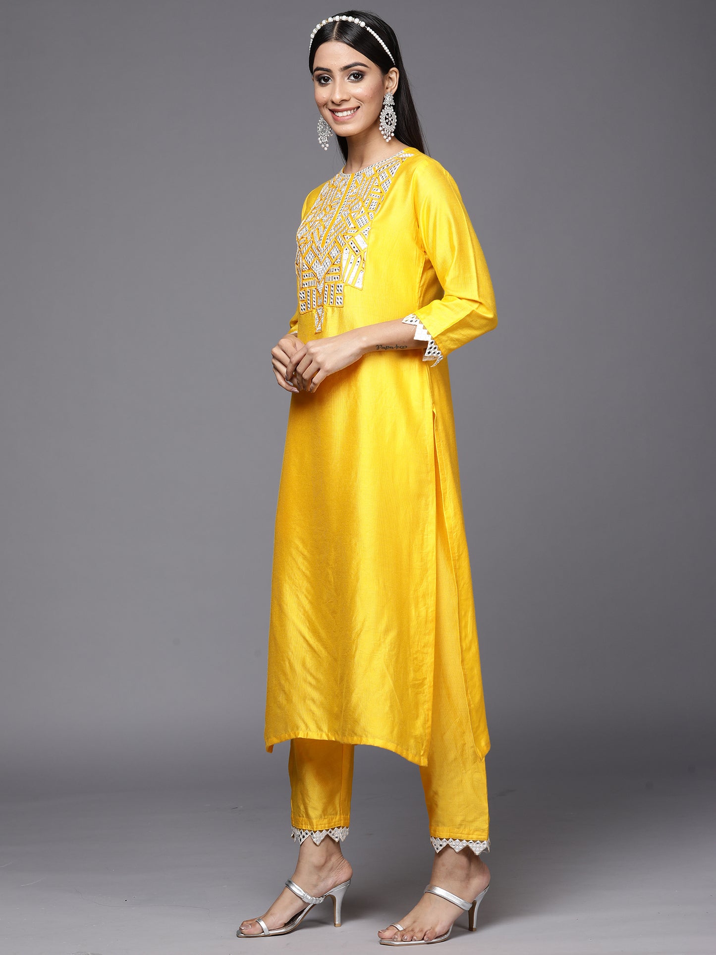 IE Kesariya Yellow Embroidered Straight Kurta Trouser With Dupatta Set