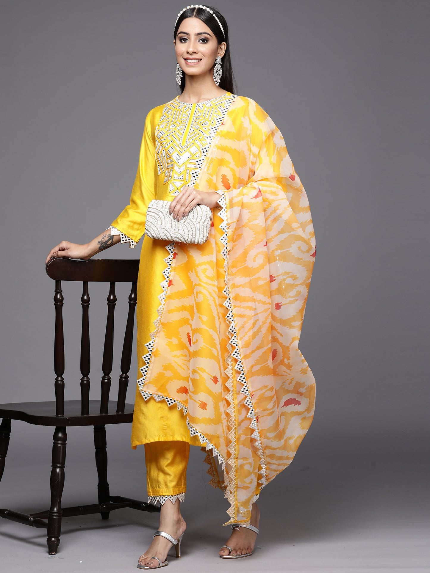 IE Kesariya Yellow Embroidered Straight Kurta Trouser With Dupatta Set