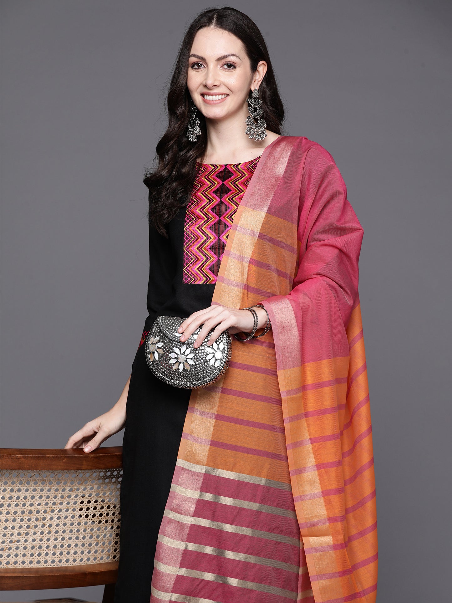 IE Black Yoke Design Straight Kurta Palazzos With Dupatta Set