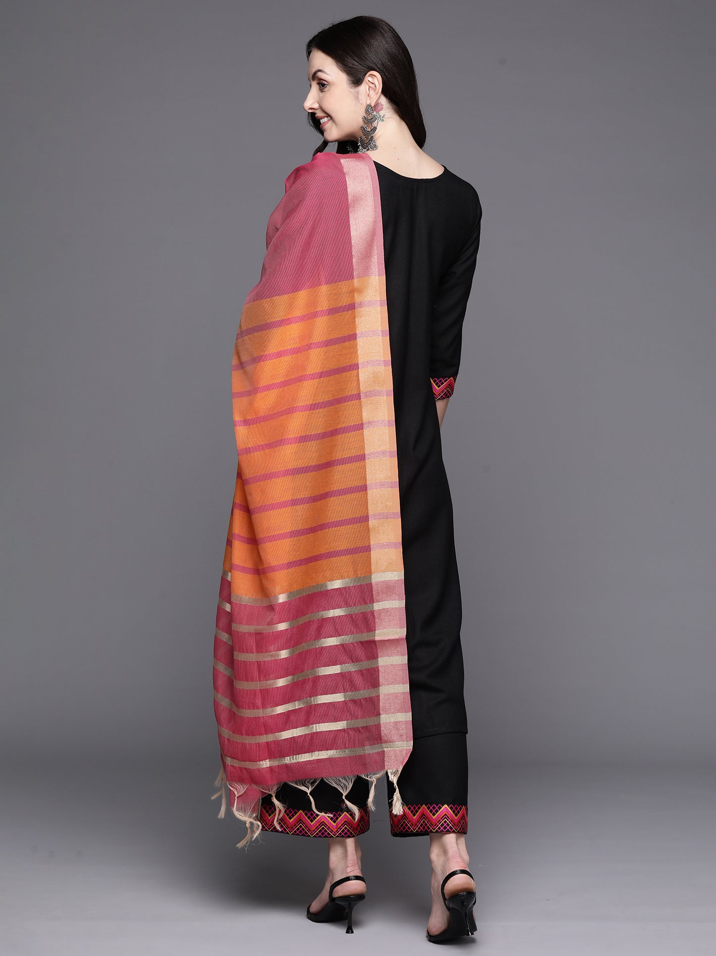 IE Black Yoke Design Straight Kurta Palazzos With Dupatta Set