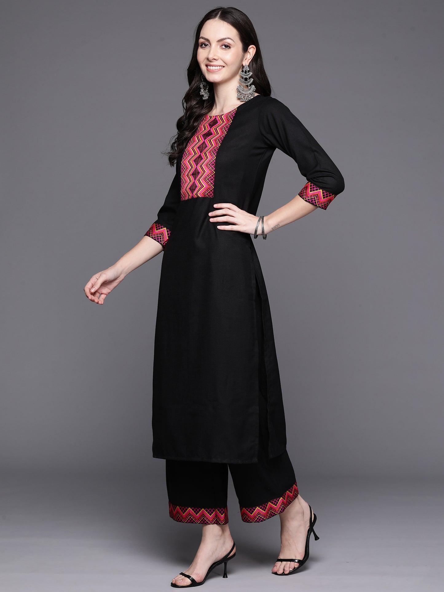 IE Black Yoke Design Straight Kurta Palazzos With Dupatta Set